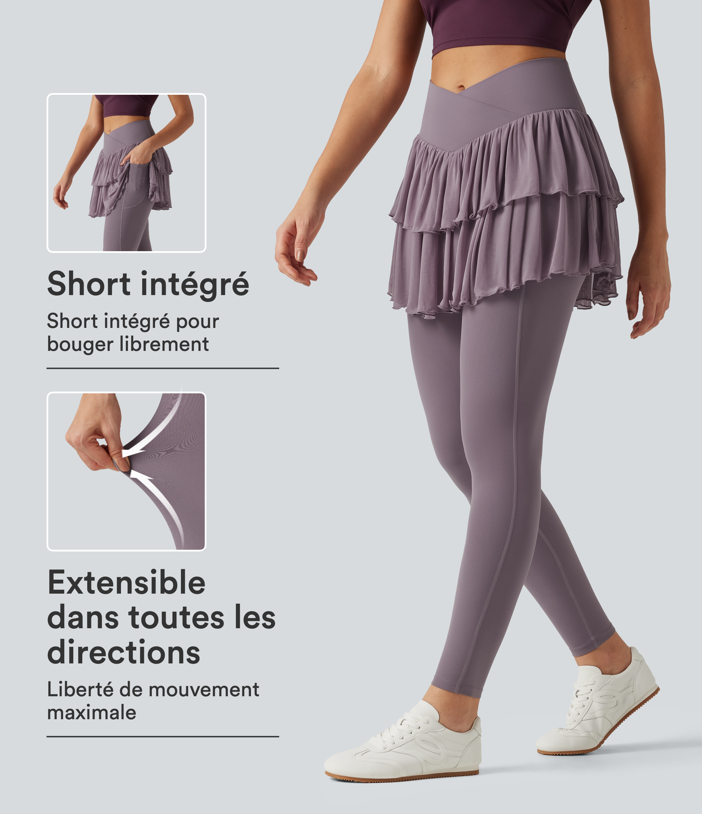 Legging-jupe de sport SoftlyZero™ taille haute croisée avec mesh contrasté et poches
