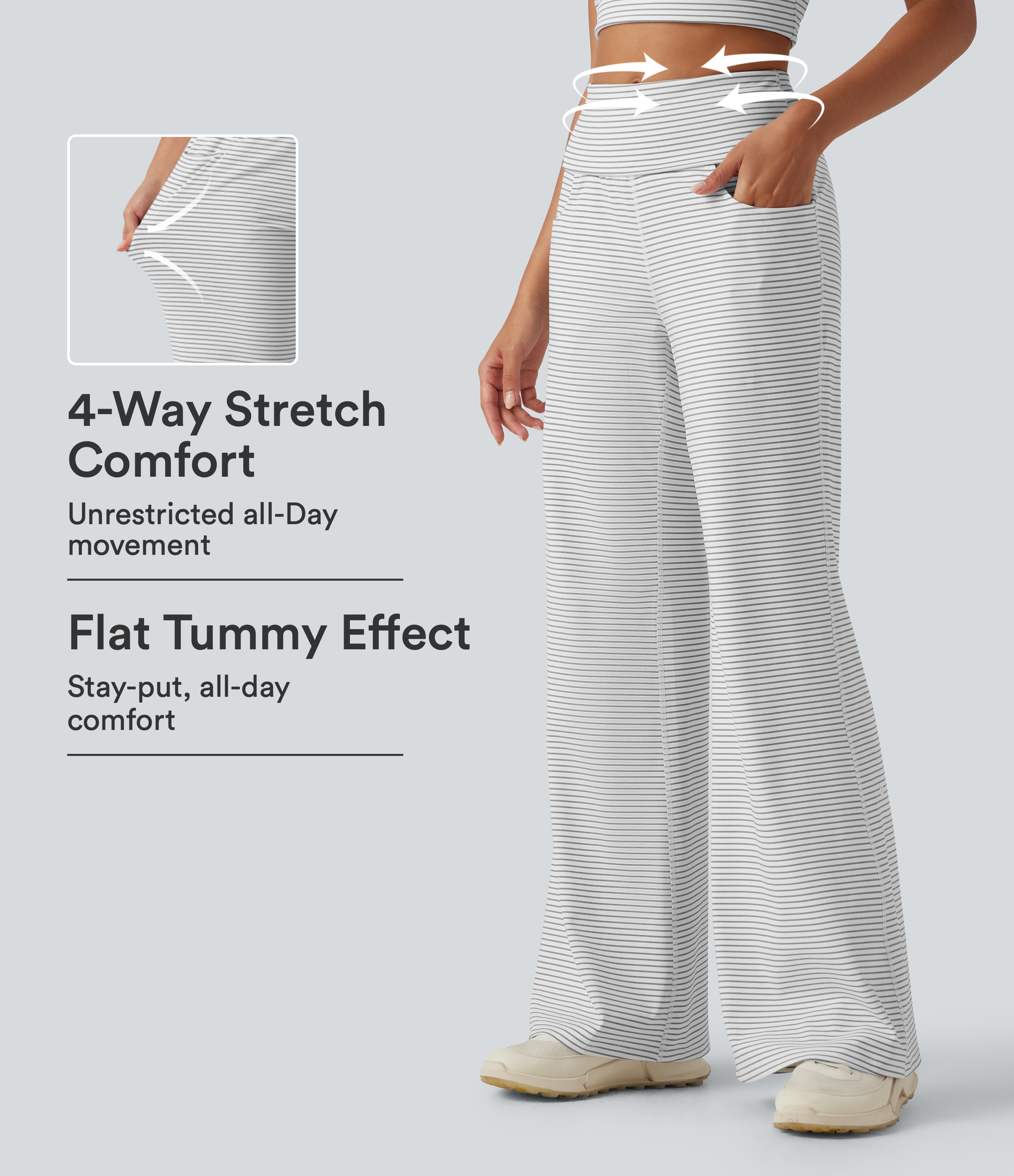 Mid Rise Foldover Waistband Stripes Flare Yoga Leggings with Pockets
