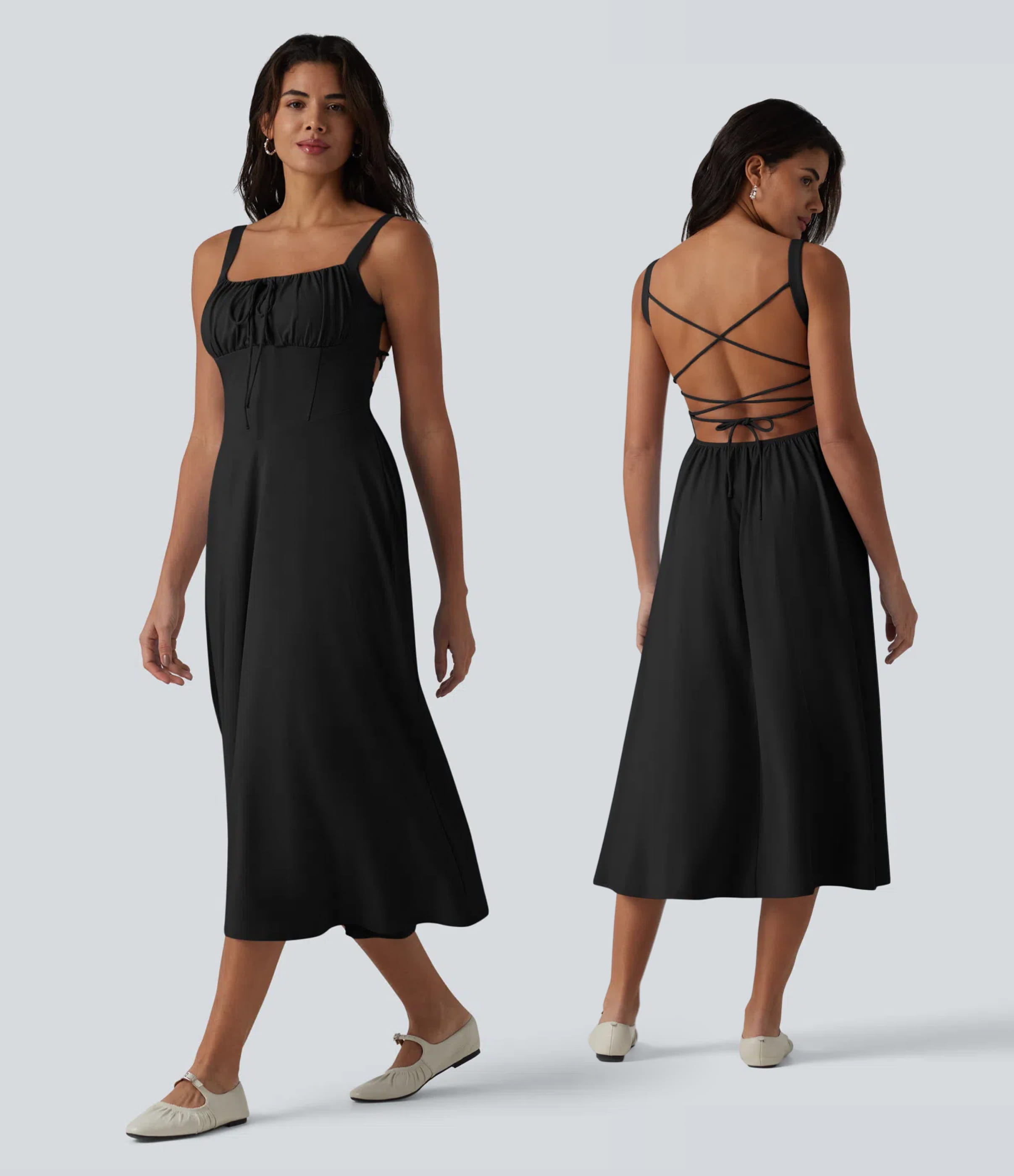 Robe fluide midi de villégiature sans manches, encolure carrée, dos nu croisé, fronces et soutien-gorge intégré