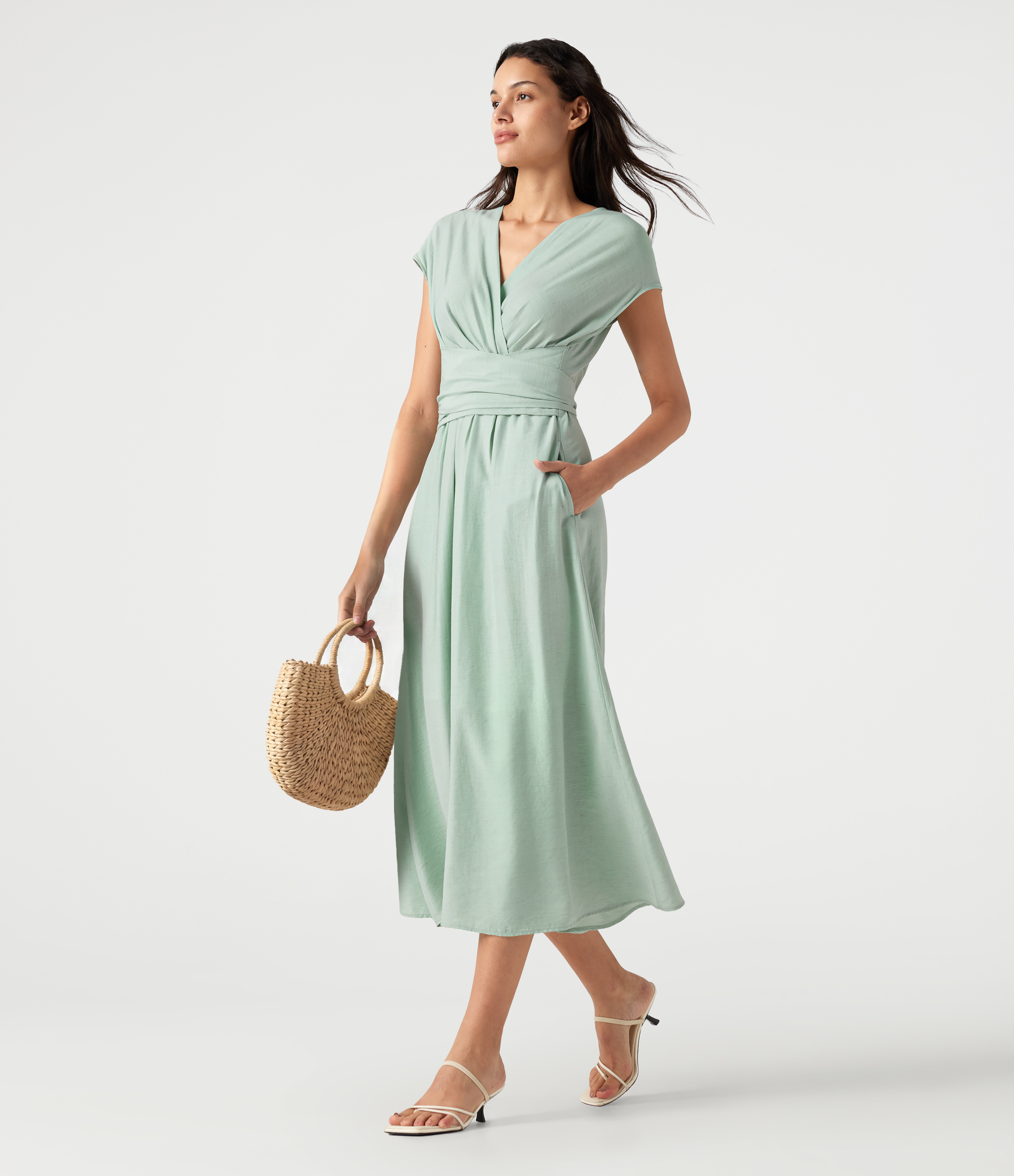 Silt Green Midi-Kleid aus Leinenmischung mit V-Ausschnitt, kurzen Ärmeln, Bindeband hinten, lockerem Fall und Taschen / 1