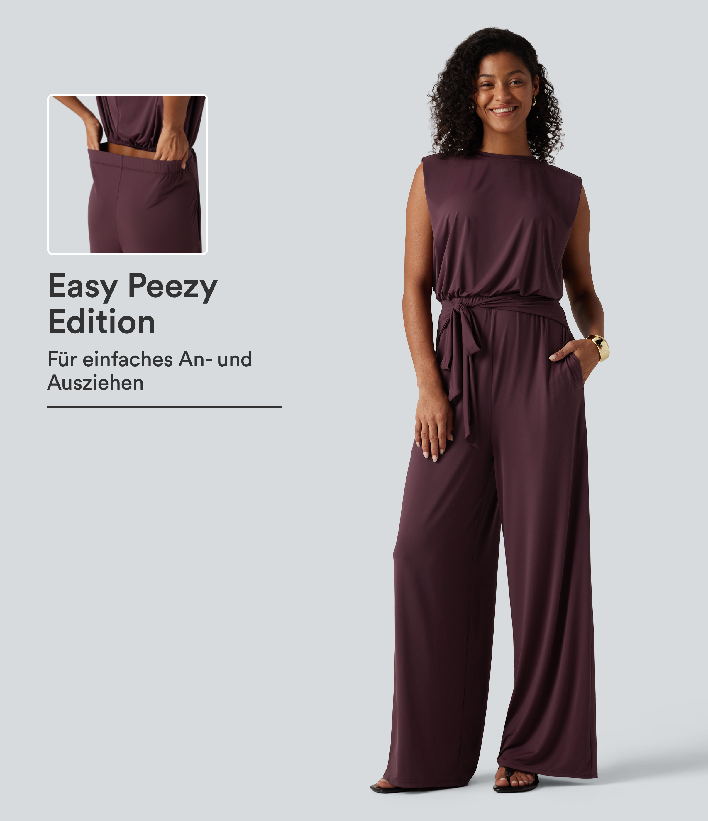 Ärmelloser Jumpsuit mit Rundhalsausschnitt, Seitentaschen und Schnürung vorne - Easy Peezy Edition, UPF50+