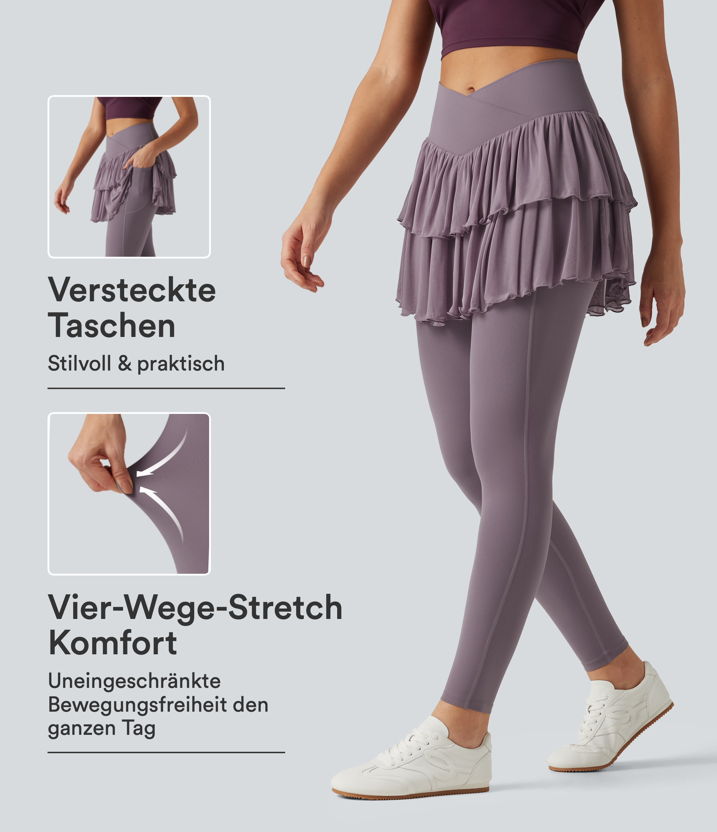 Cinnabar Purple Softlyzero™ - Workout-Leggings integriertem Minirock, hohem Crossover-Bund, Seitentaschen und Kontrast-Mesh / 1