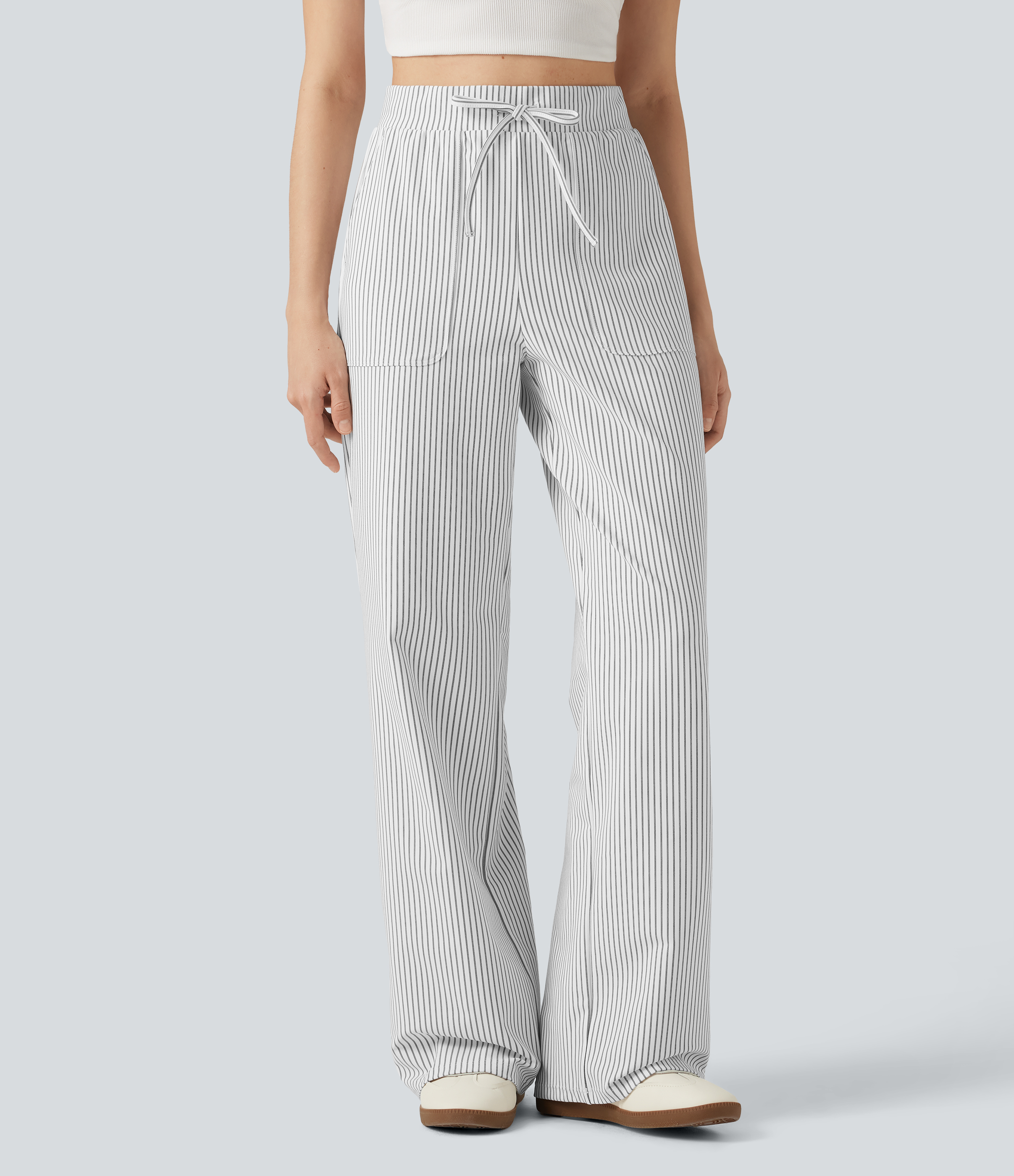 Pantalon décontracté rayé taille haute à jambe droite, avec cordon de serrage et poches