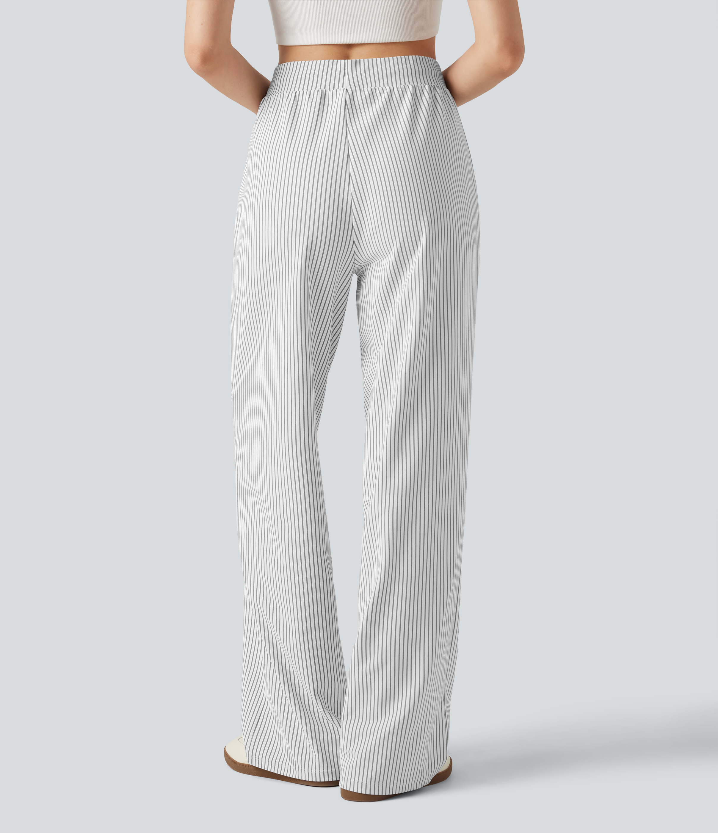 Zebra Ripple Pantalon décontracté rayé taille haute à jambe droite, avec cordon de serrage et poches / 2