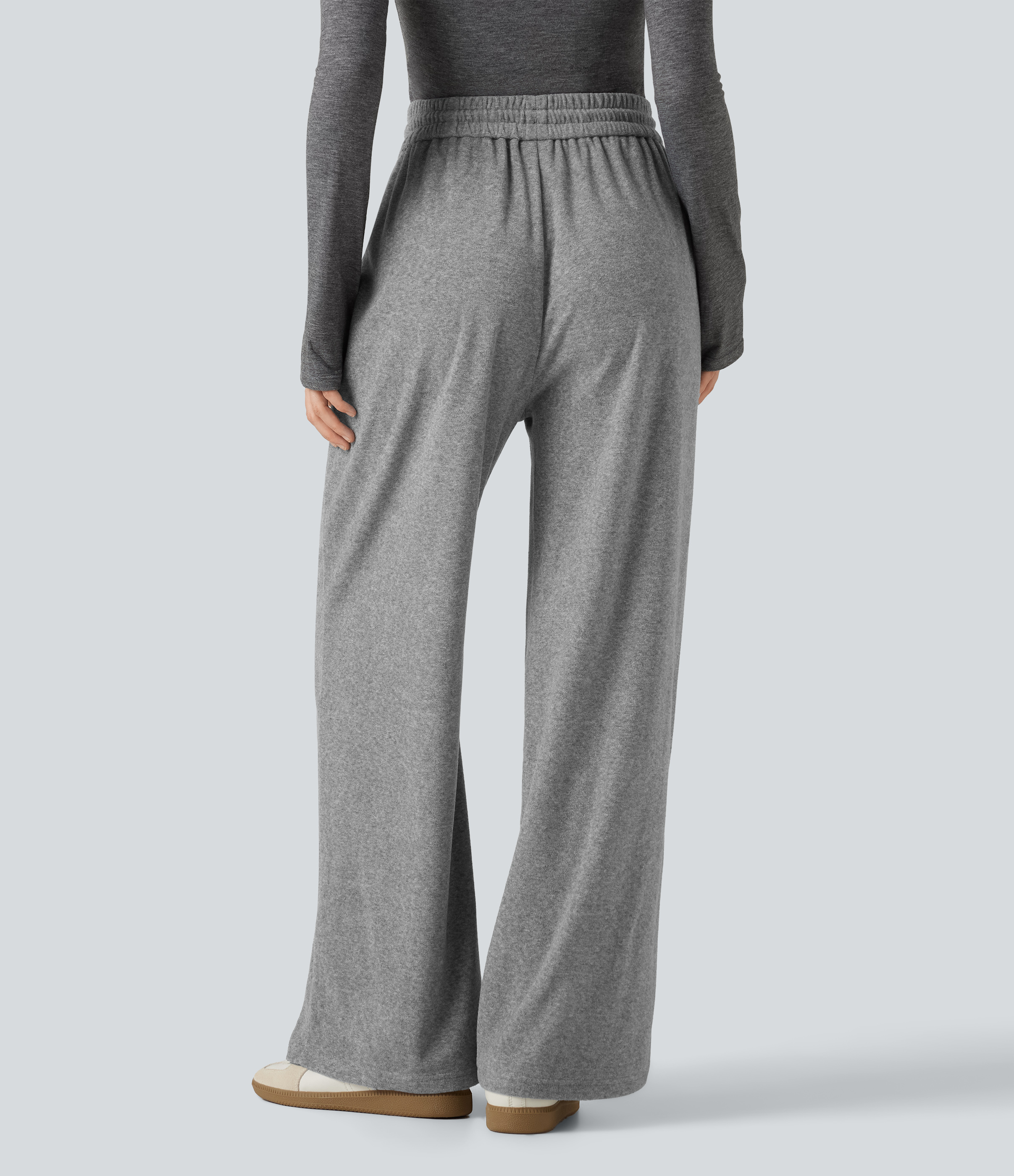 Mottled Grey High Waisted Drawstring Wide Leg Casual Pants with Pockets / 2