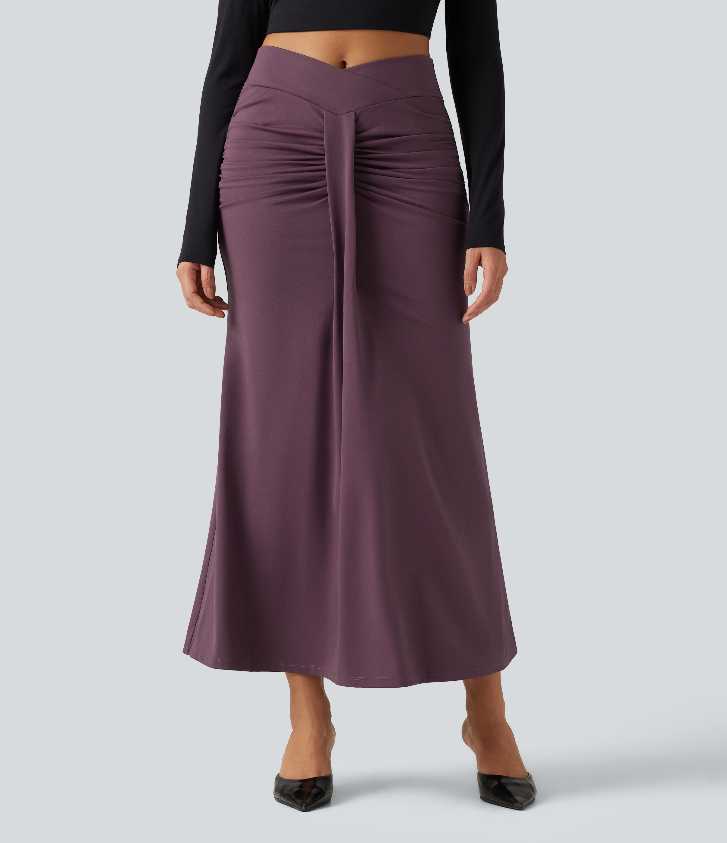 High Waisted Crossover Ruched Maxi Casual Mermaid Skirt