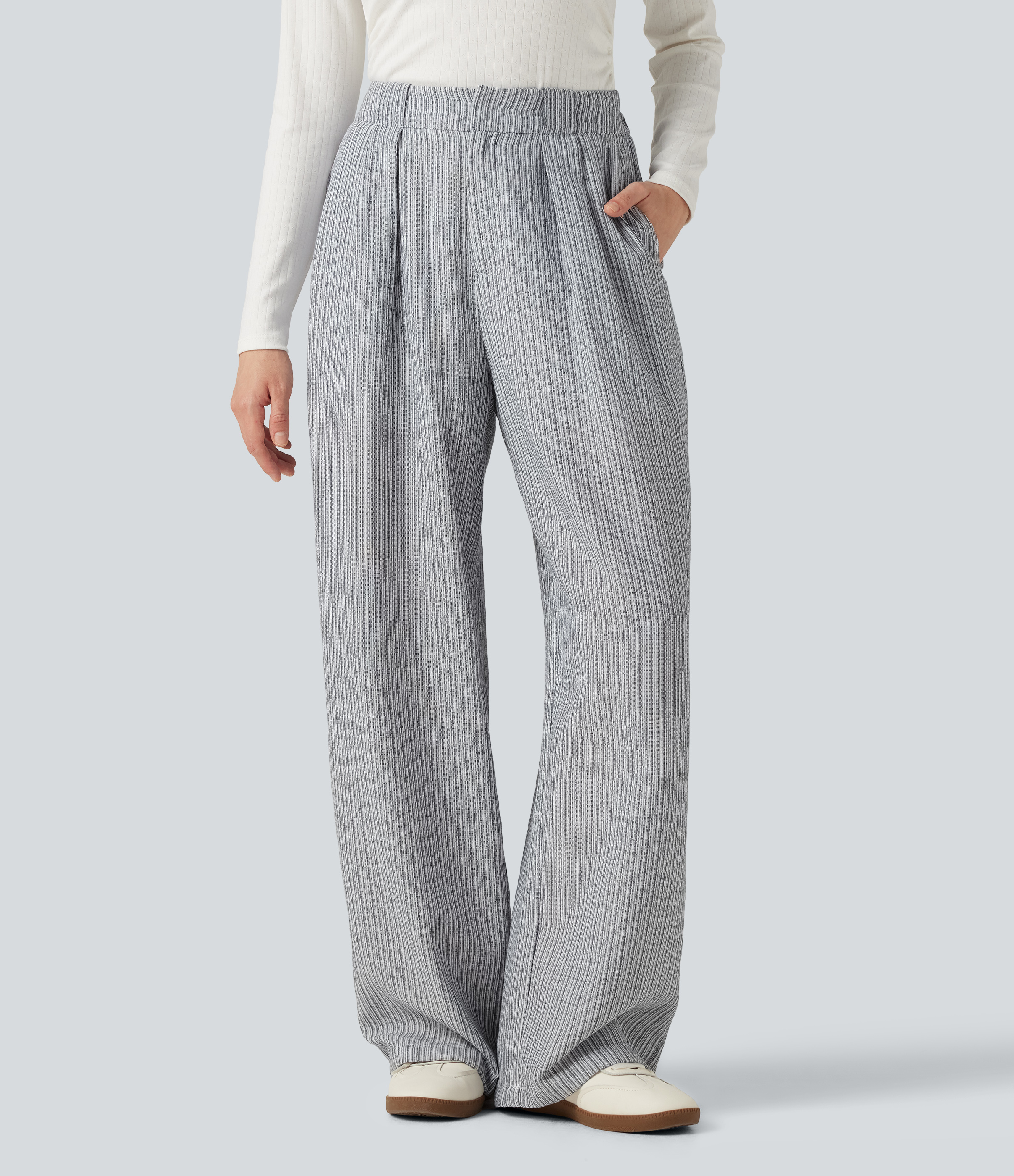 High Waisted Baggy Stripe Casual Linen-Feel Pants with Pockets