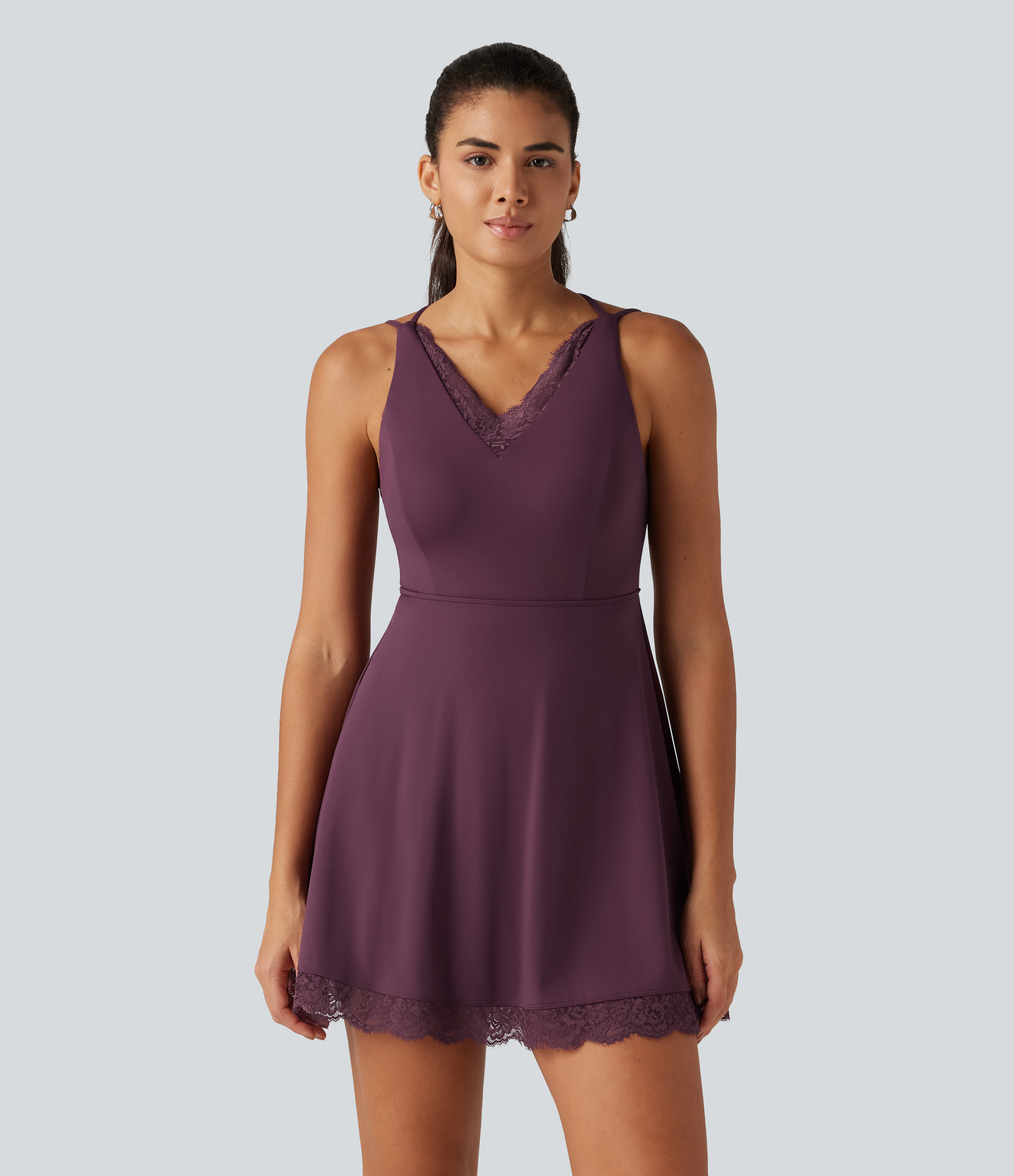 Fig SoftlyZero™ Airy V Neck 2-in-1 Built-in Bra Contrast Lace InstantCool Mini Dance Dress with Pockets-Easy Peezy Edition / 2