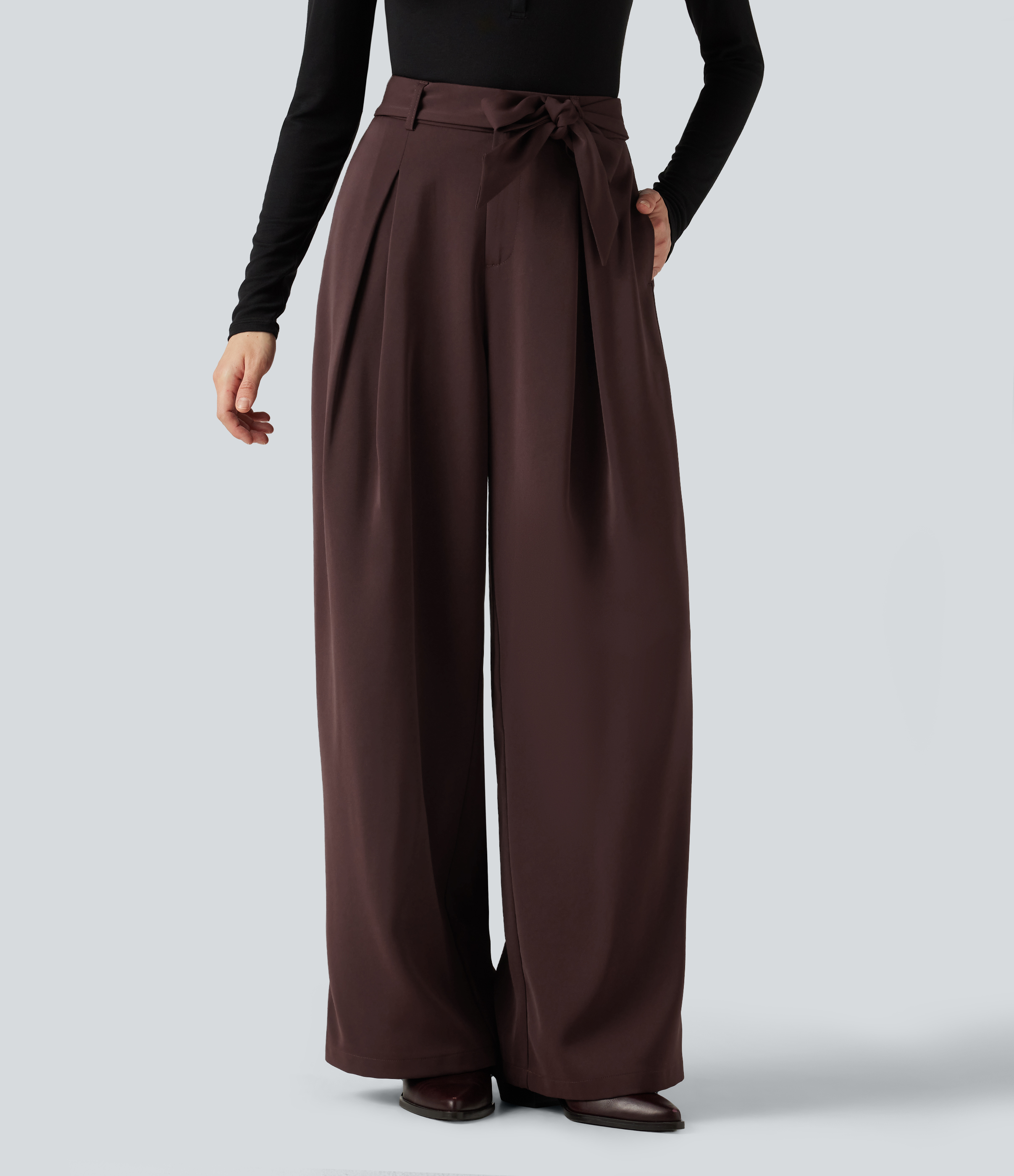 High Waisted Belted Wide Leg Baggy Work Pants with Pockets