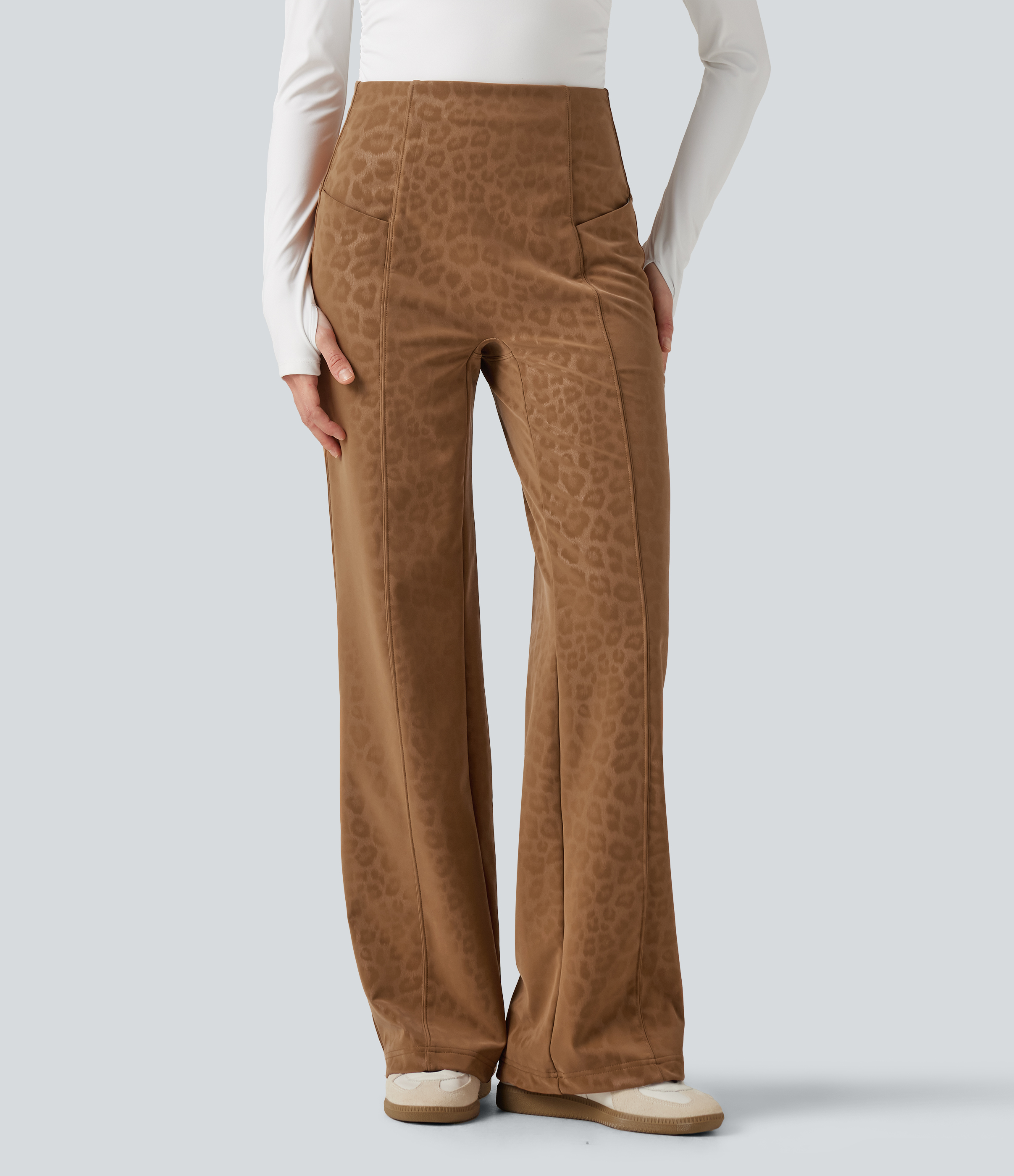 Pantalon évasé décontracté taille haute effet ventre plat, extensible en PU imprimé léopard, doublé polaire, avec poches