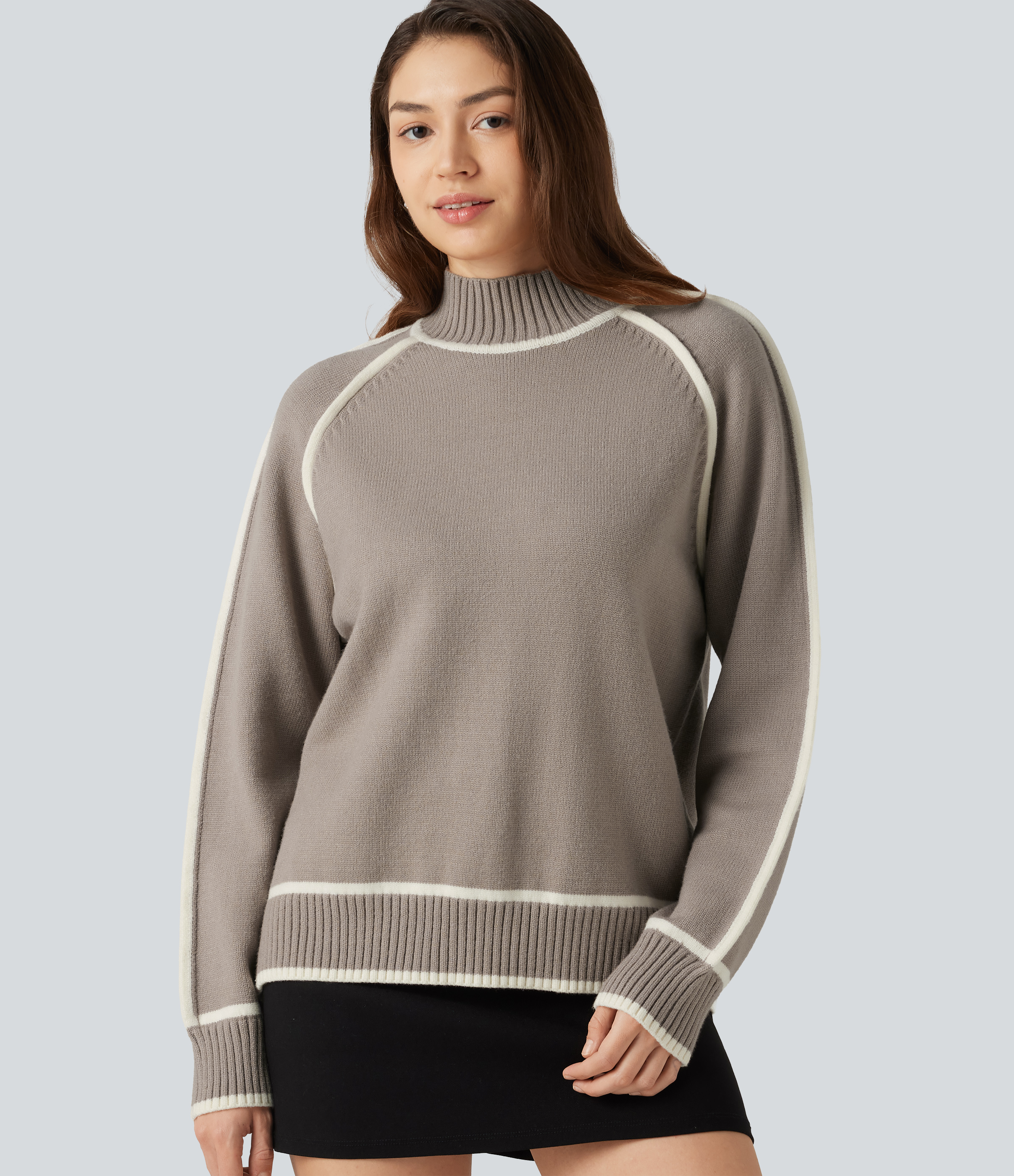 Mock Neck Raglan Long Sleeve Color Block Work Sweater