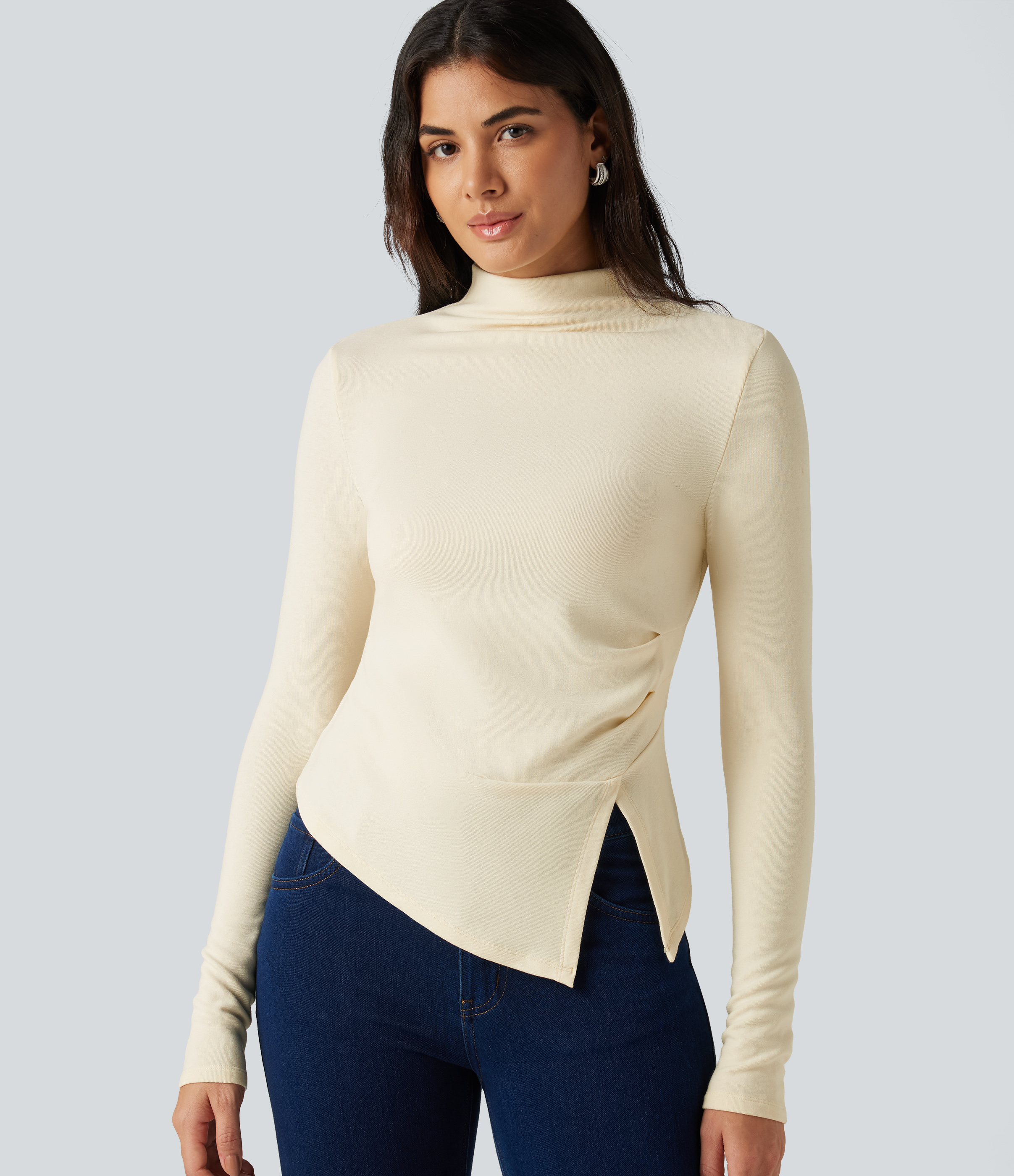 Mock Neck Long Sleeve Asymmetric Hem Thermal Casual T-Shirt