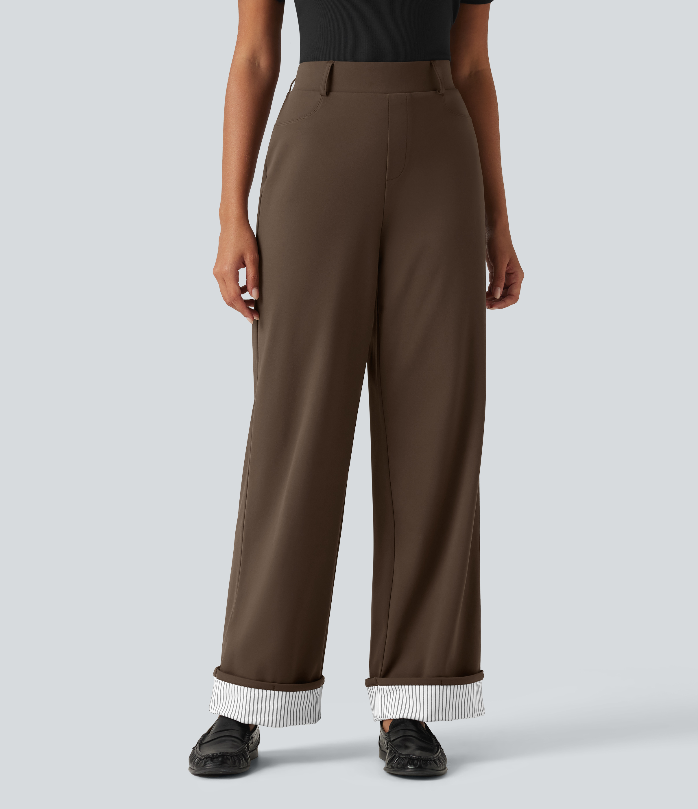 DayStretch High Waisted Straight Leg Stripe Rolled Hem Casual Pants with Pockets