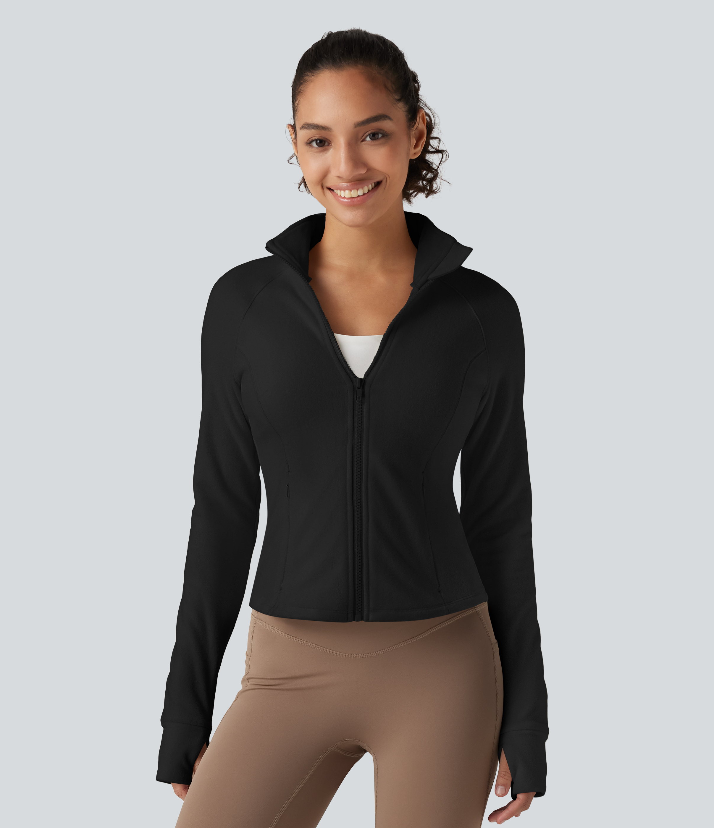 Stand Collar Long Sleeve Workout Jacket with Pockets