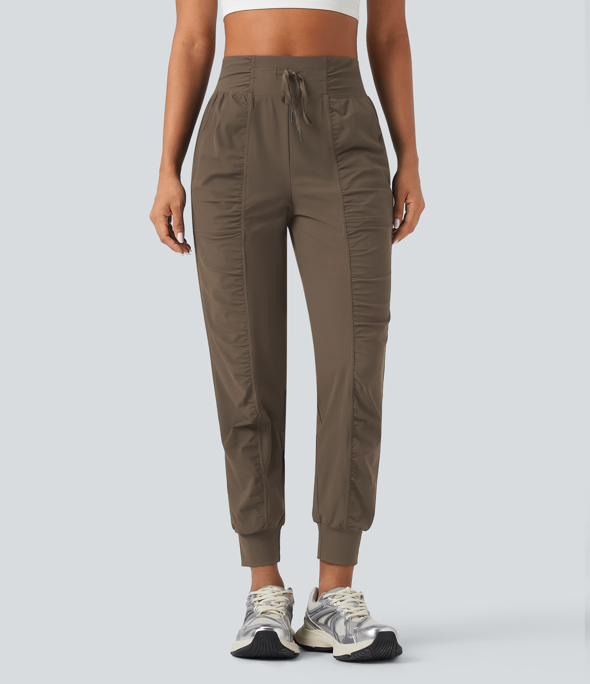 High Waisted Drawstring Ruched Tapered Quick Dry InstantCool Dance Joggers with Pockets-UPF40+