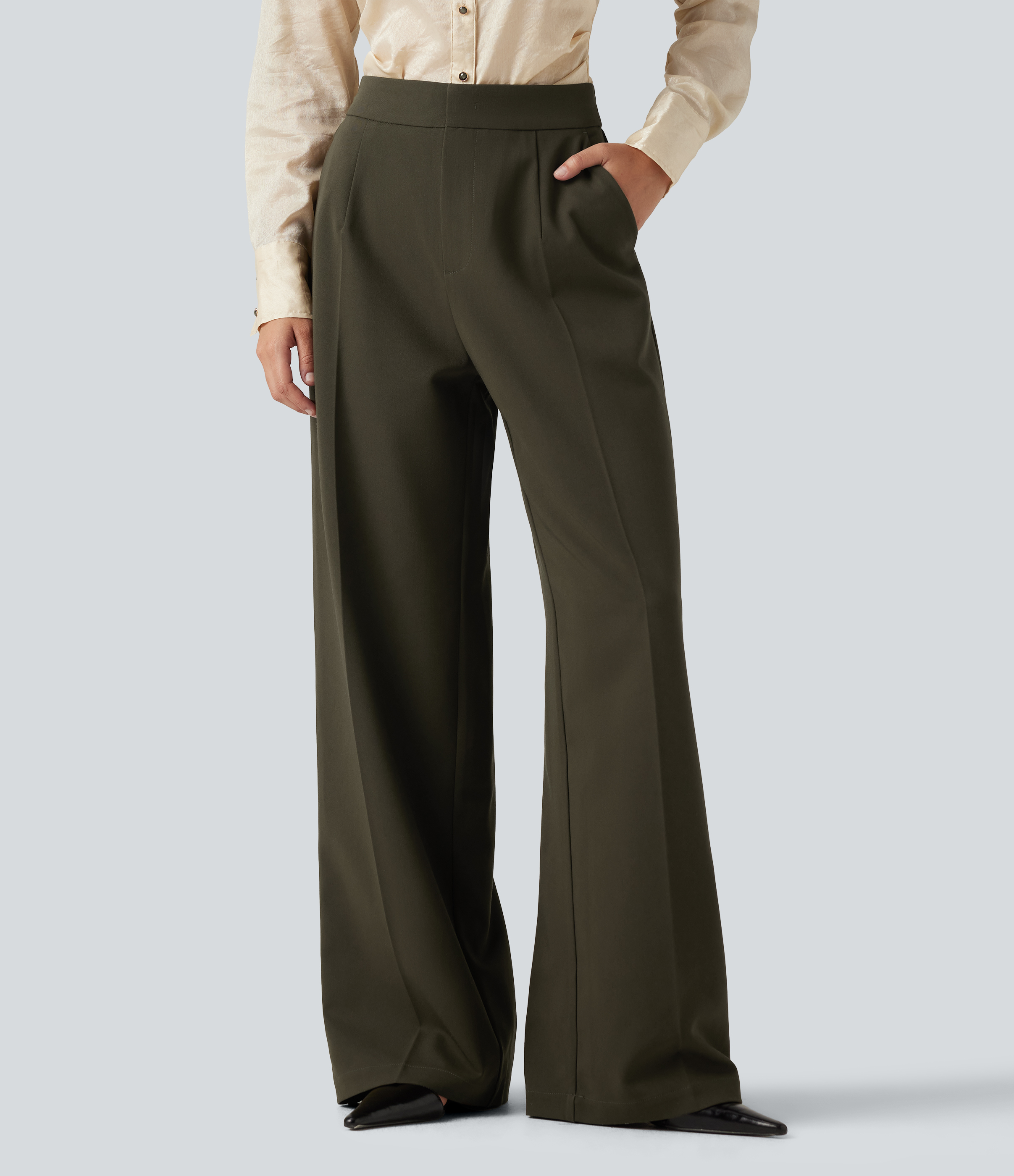 High Waisted Wide Leg Work Pants with Pockets