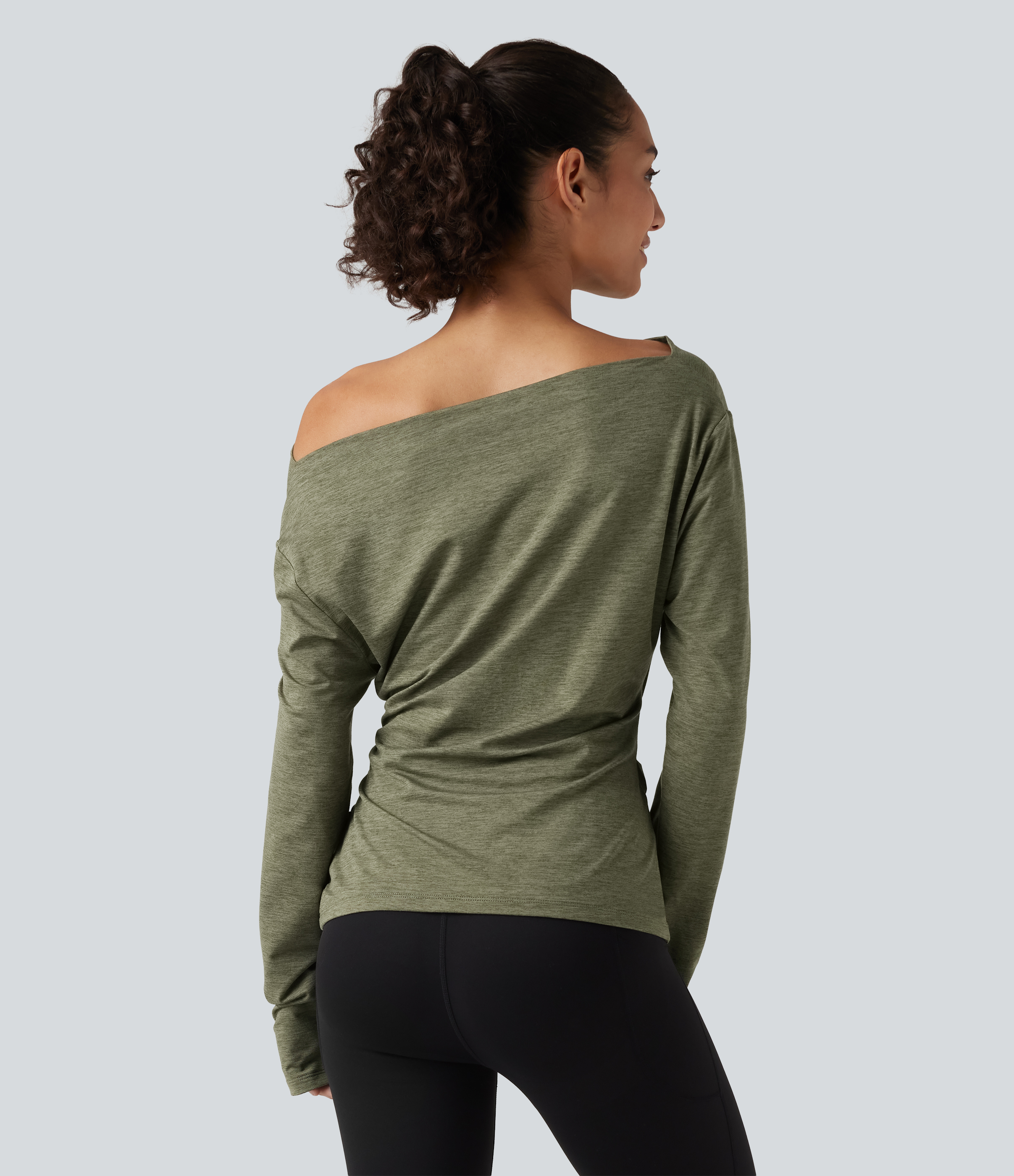 Light Green Floral Yarn Off Shoulder Long Sleeve Yoga Sports Top / 2