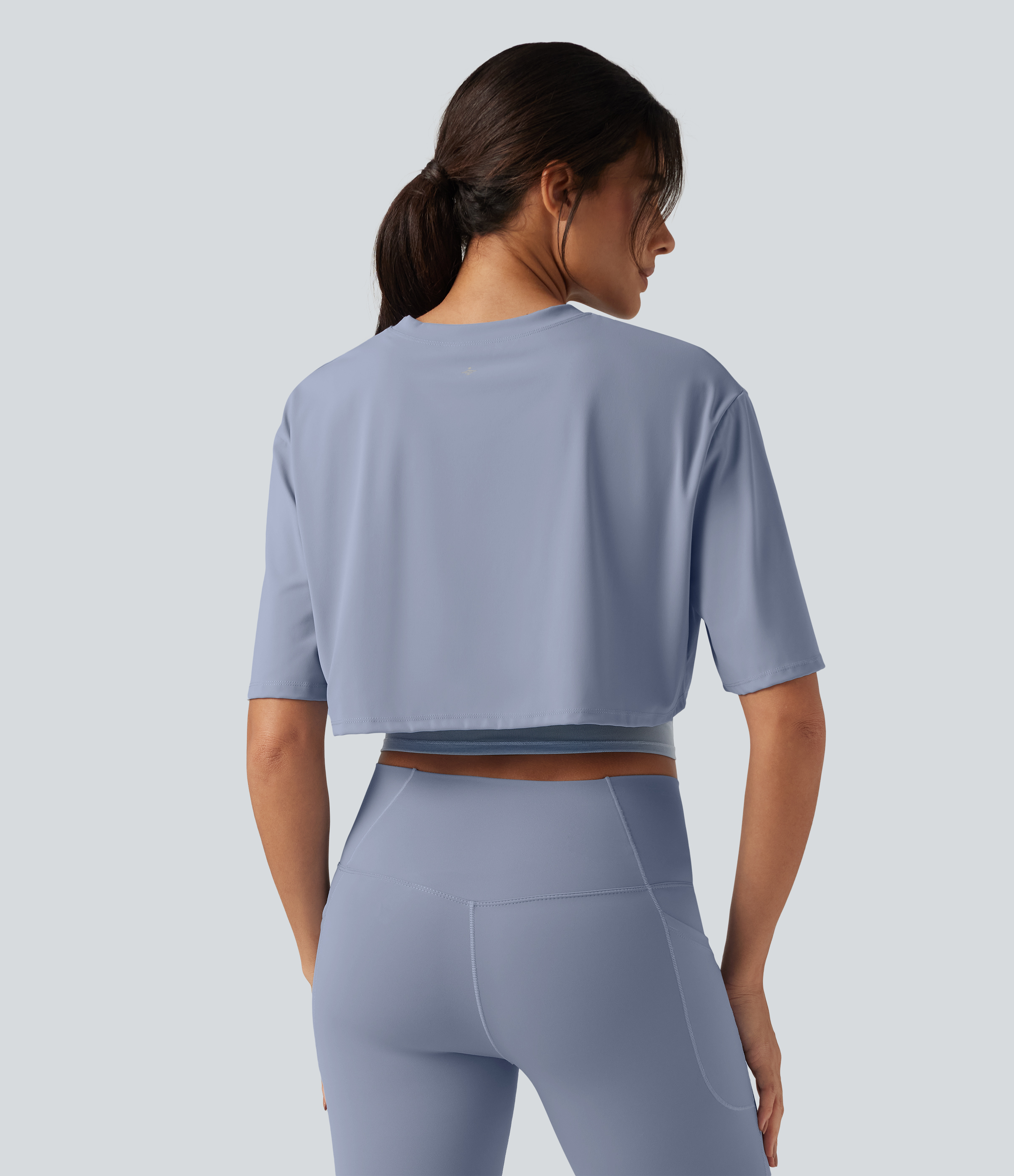 Chambray Blue SoftlyZero™ Airy Round Neck Contrast Mesh 2-in-1 Short Sleeve Yoga Tops / 2