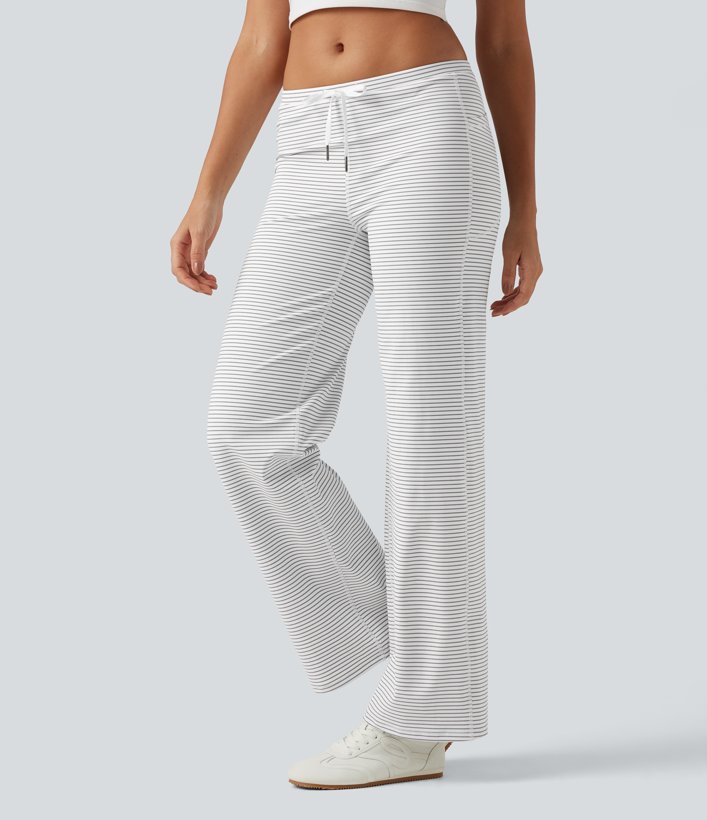 Low Rise Drawstring Straight Leg Stripe Yoga Pants with Pockets
