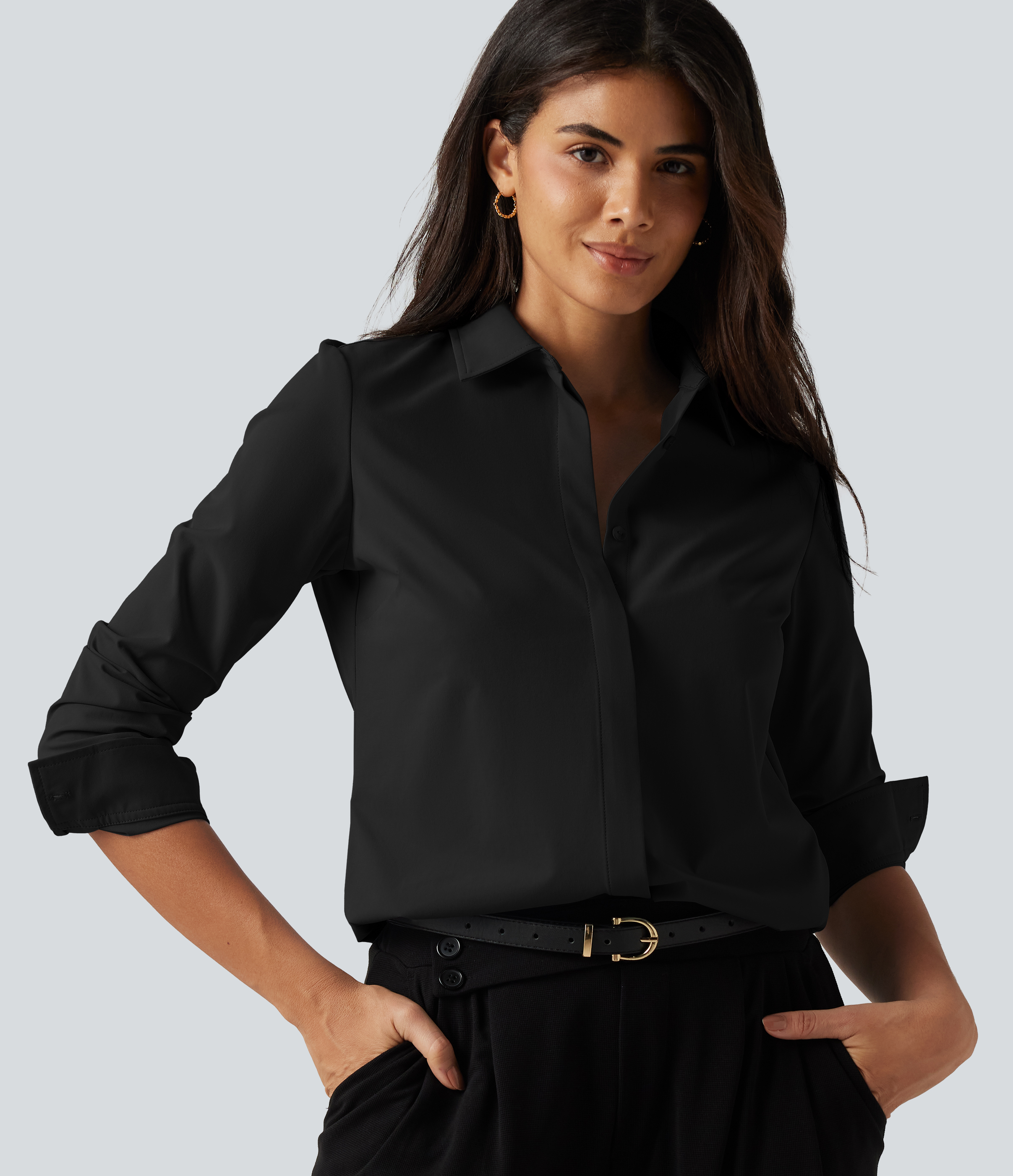 Collared Long Sleeve Curved Hem Work Shirt