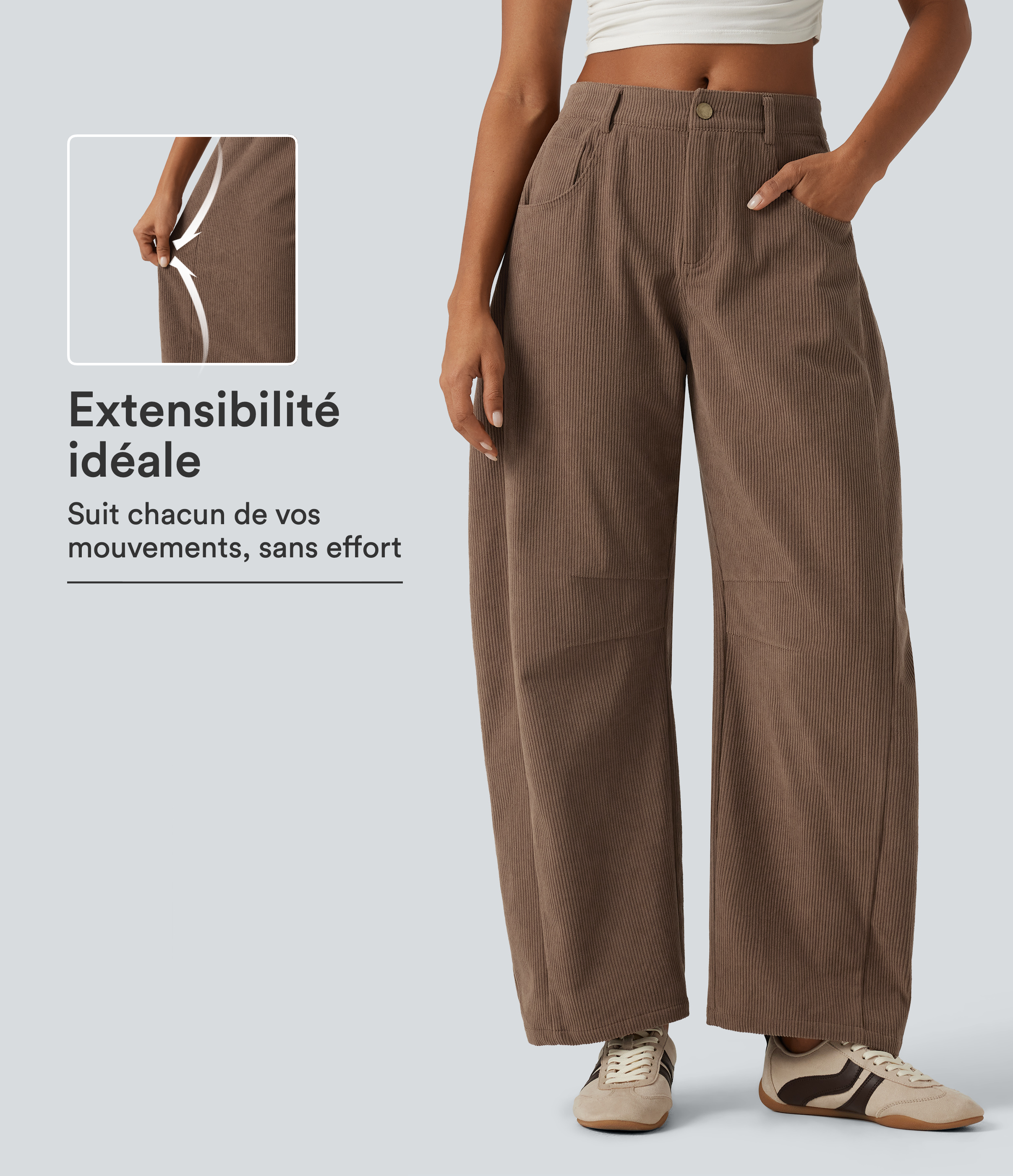 Pantalon en velours côtelé coupe barrel taille mi-haute avec poches