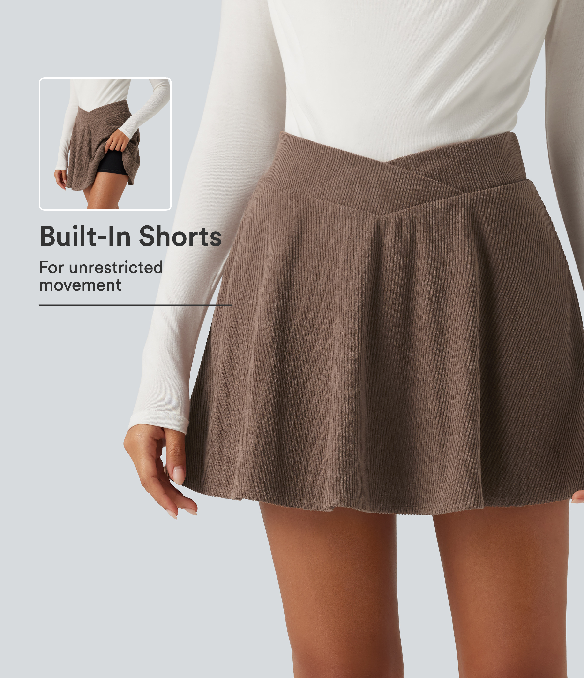 High Waisted Crossover 2-in-1 Corduroy Mini Casual Skirt with Pockets