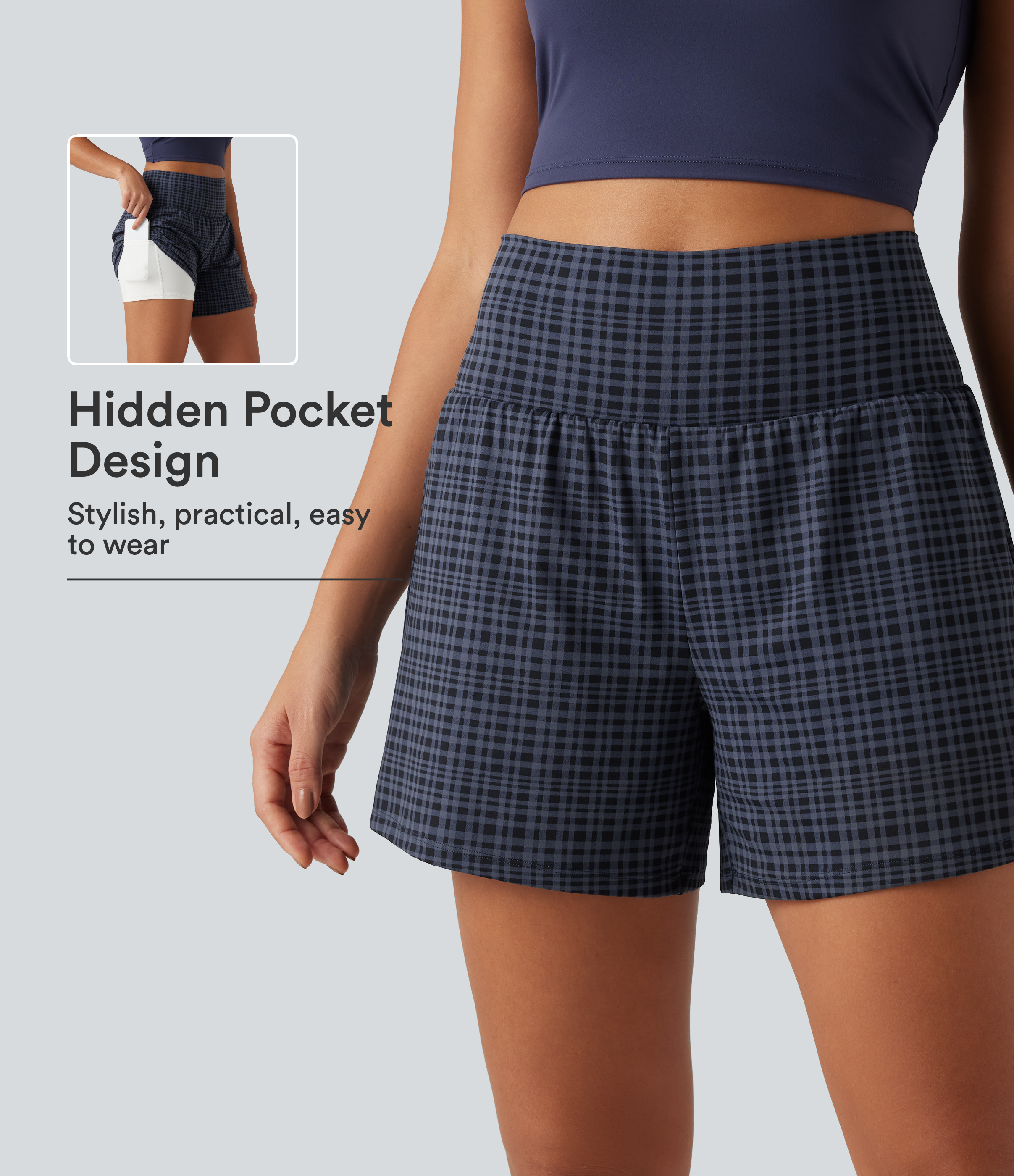 High Waisted 2-in-1 Plaid Yoga Shorts 5'' with Pockets