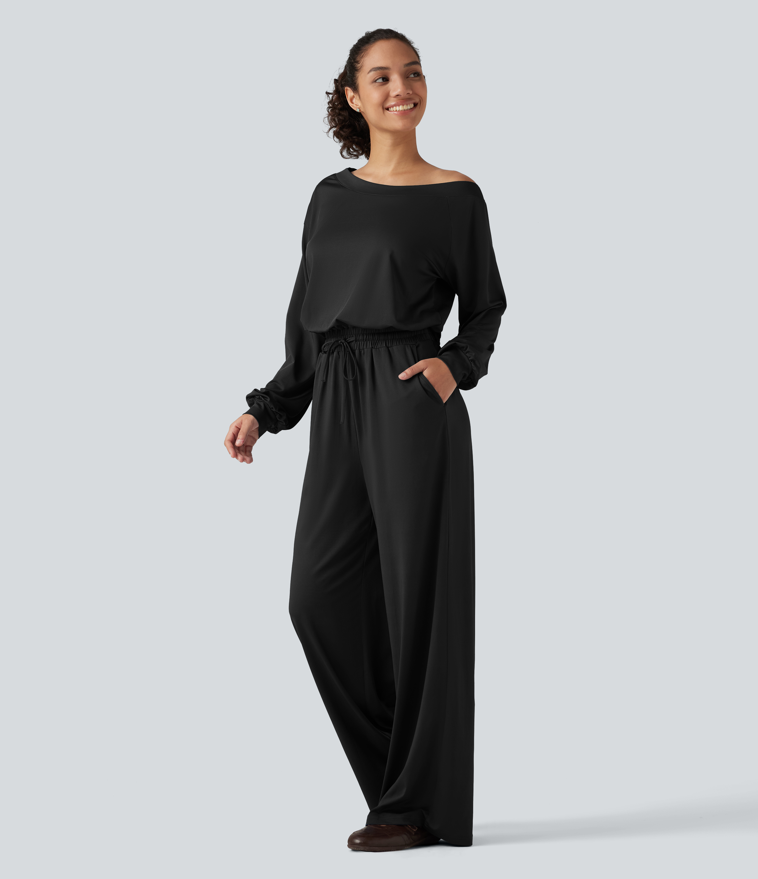 One Shoulder Long Sleeve Drawstring Baggy Casual Jumpsuit with Pockets-Easy Peezy Edition