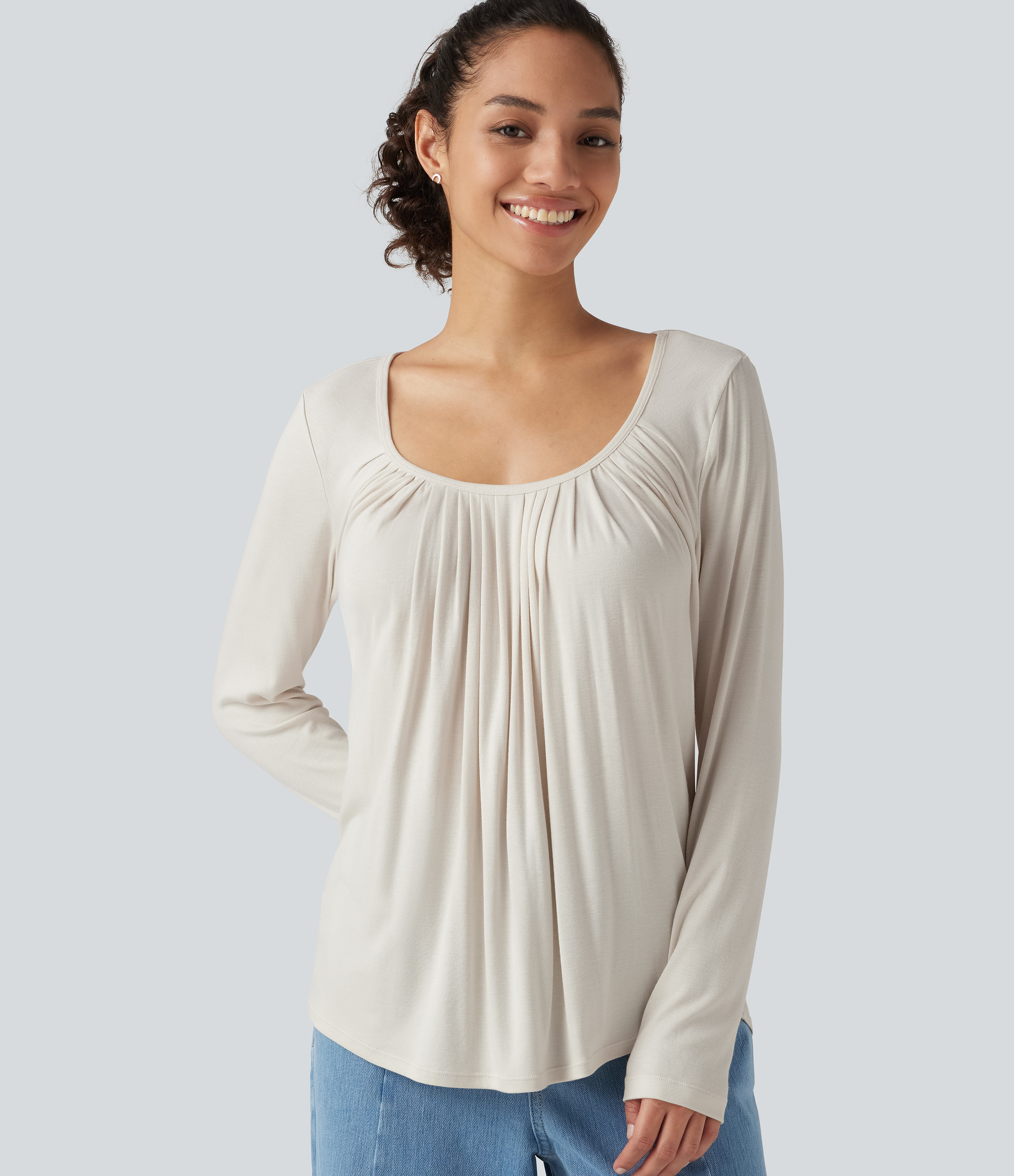 Ribbed U Neck Long Sleeve Curved Hem Casual T-Shirt
