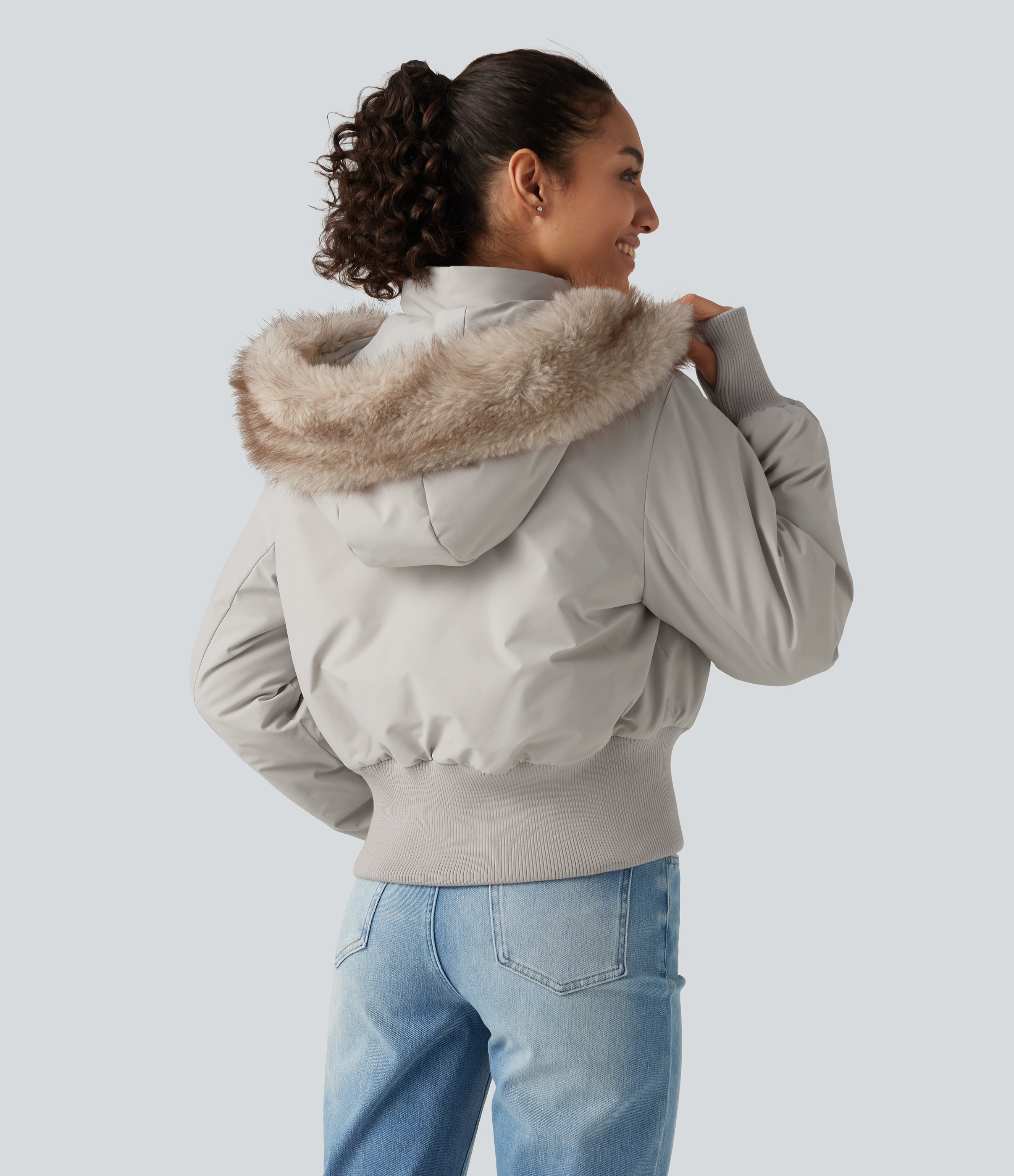 Temple Gray Hooded Long Sleeve Casual Padded Jacket with Pockets and Thumbholes / 2