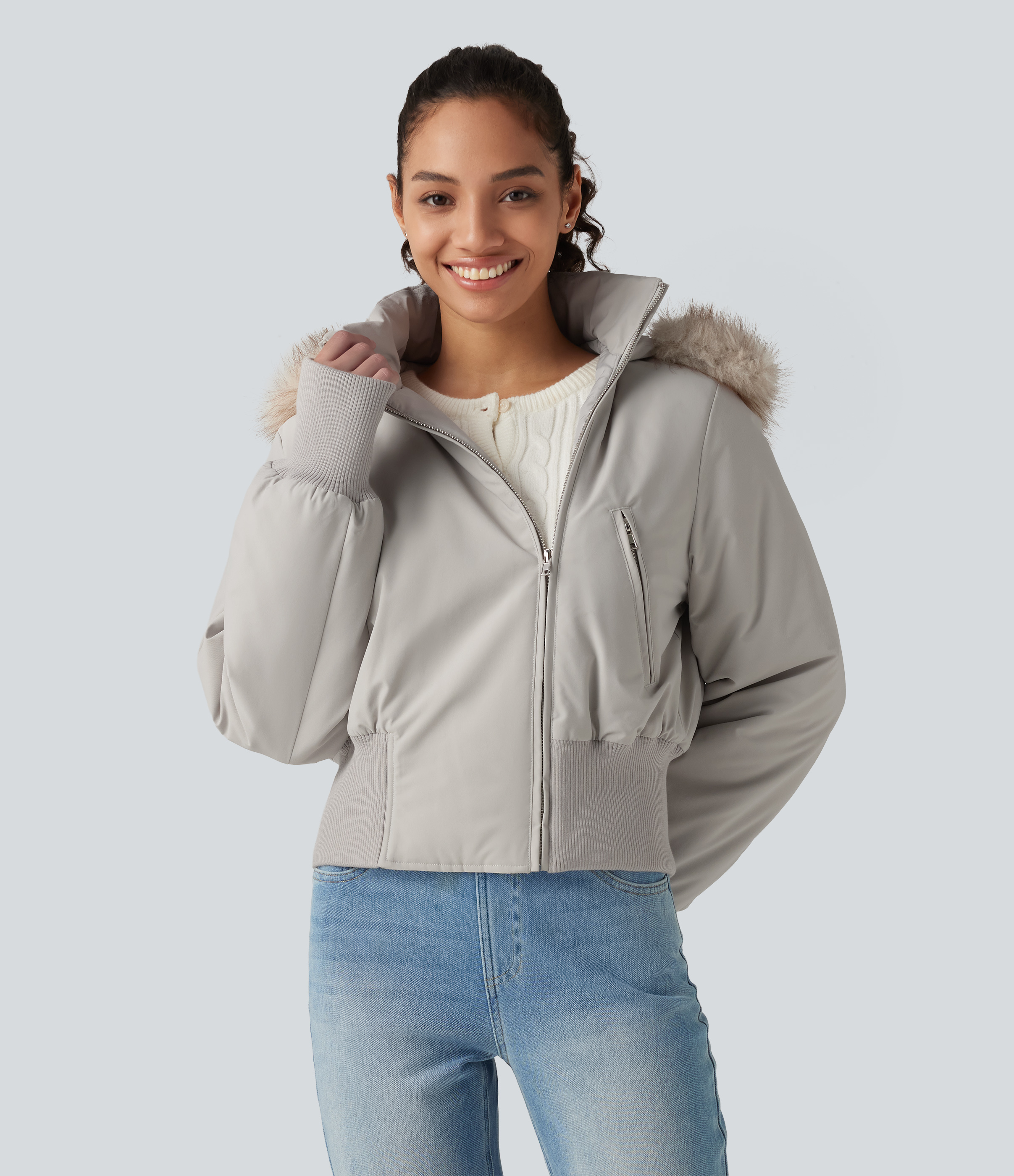 Hooded Long Sleeve Casual Padded Jacket with Pockets and Thumbholes