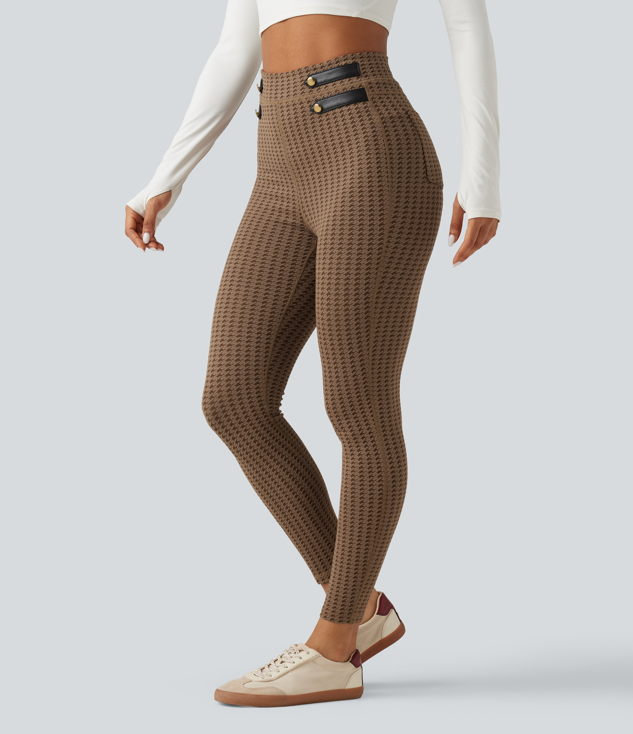 High Waisted Houndstooth Yoga Leggings with Pockets