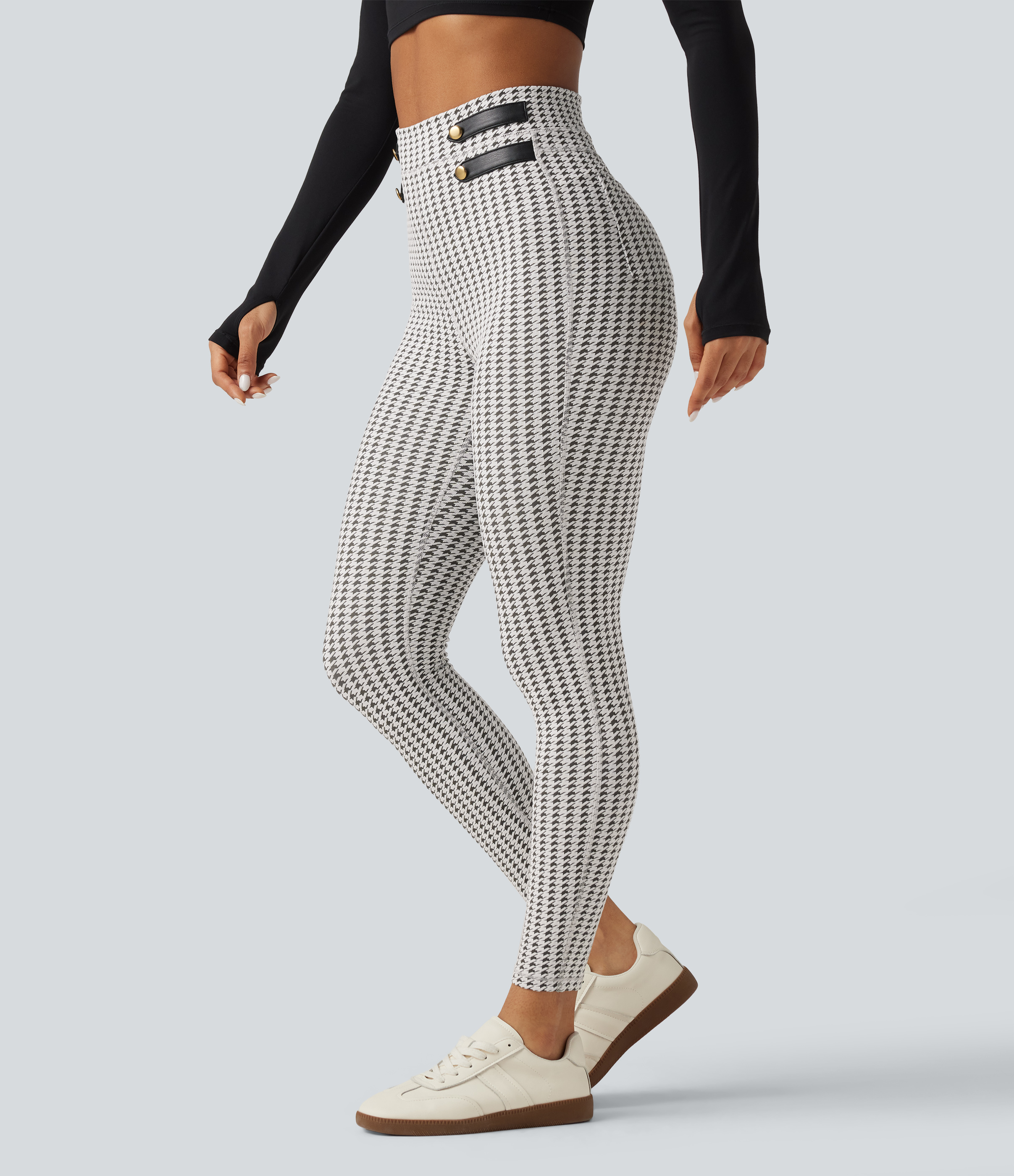 Ash Mist Houndstooth High Waisted Houndstooth Yoga Leggings with Pockets / 1