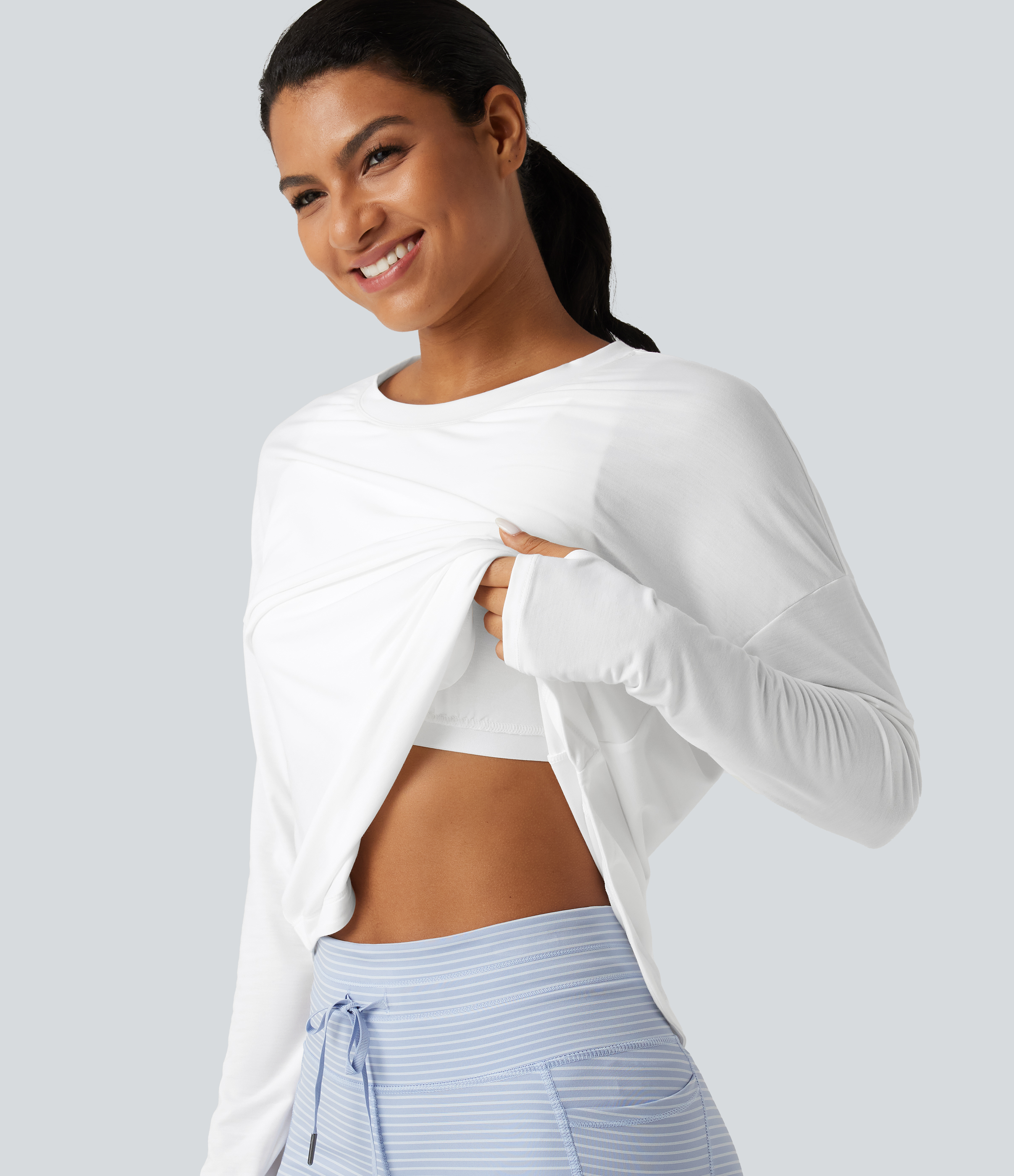 Halara Round Neck Long Sleeve Thumb Hole Built-in Bra Quick Dry Yoga Sports Top