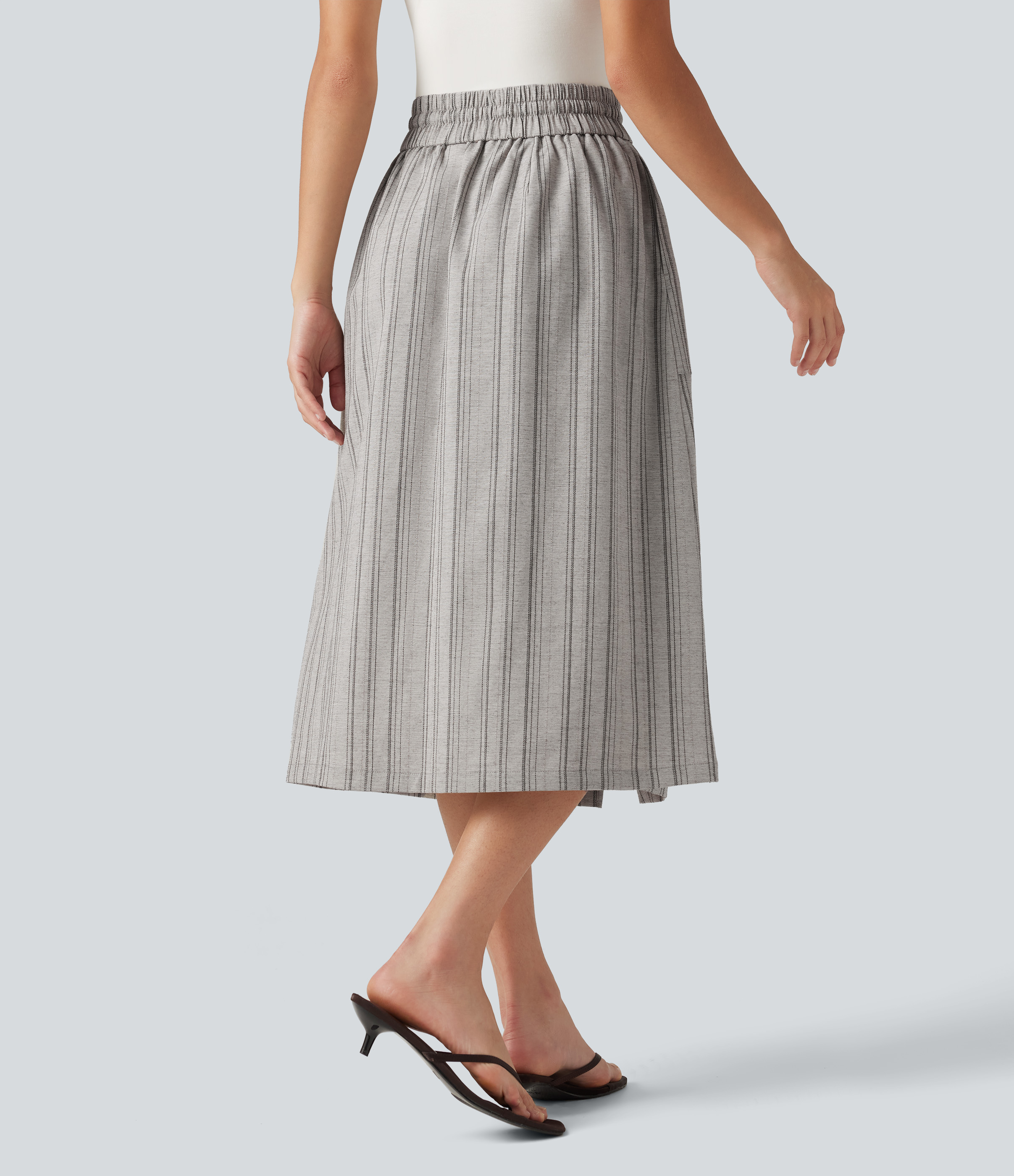 Toasted Linen Jupe midi décontractée taille haute à rayures, cordon de serrage et poches / 2