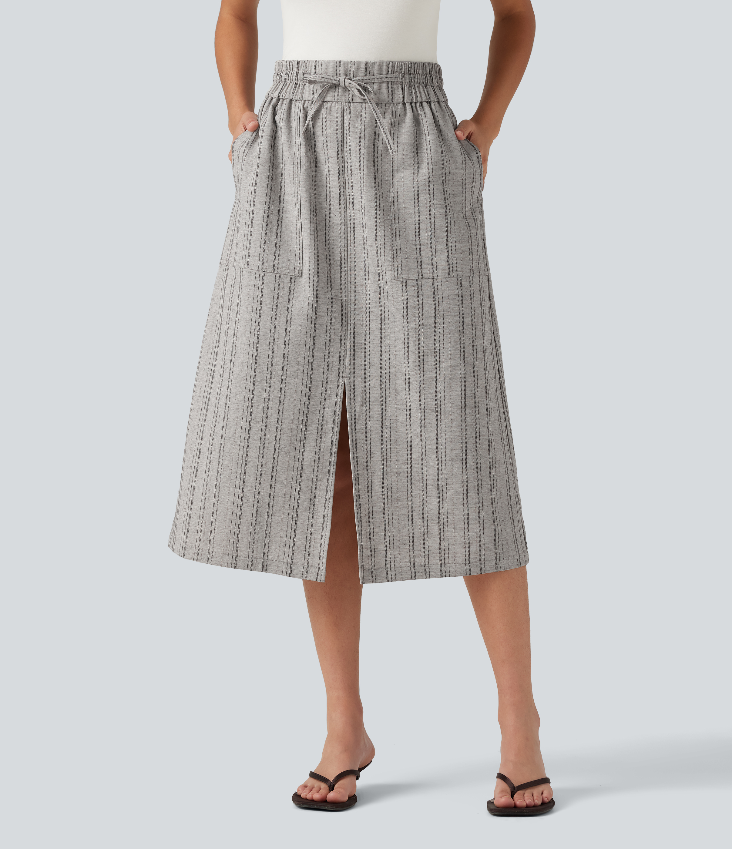High Waisted Drawstring Stripe Midi Casual Skirt with Pockets