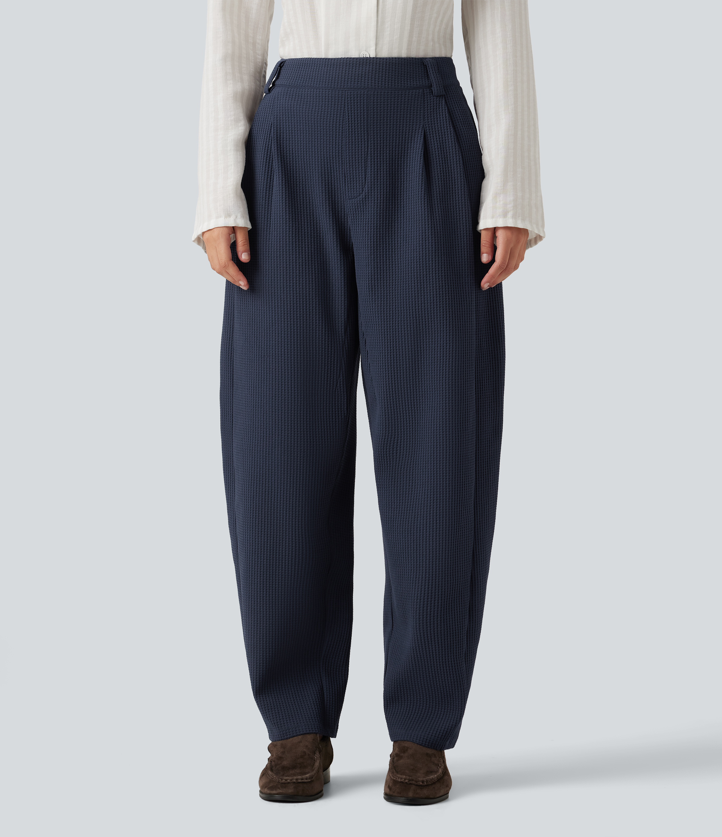 Mid Rise Barrel Leg Waffle Casual Pants with Pockets