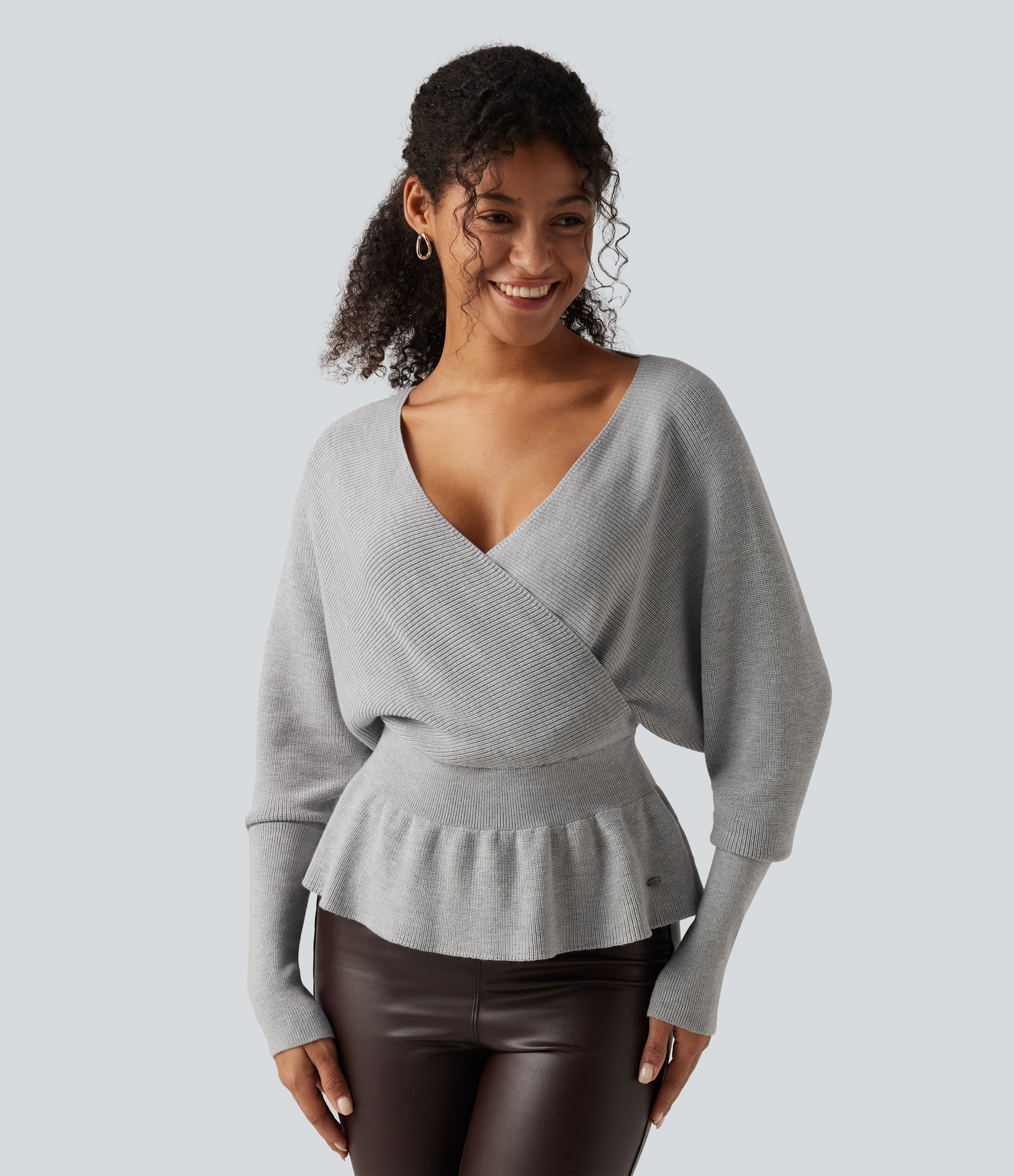 V Neck Batwing Long Sleeve Cut Out Casual Sweater 