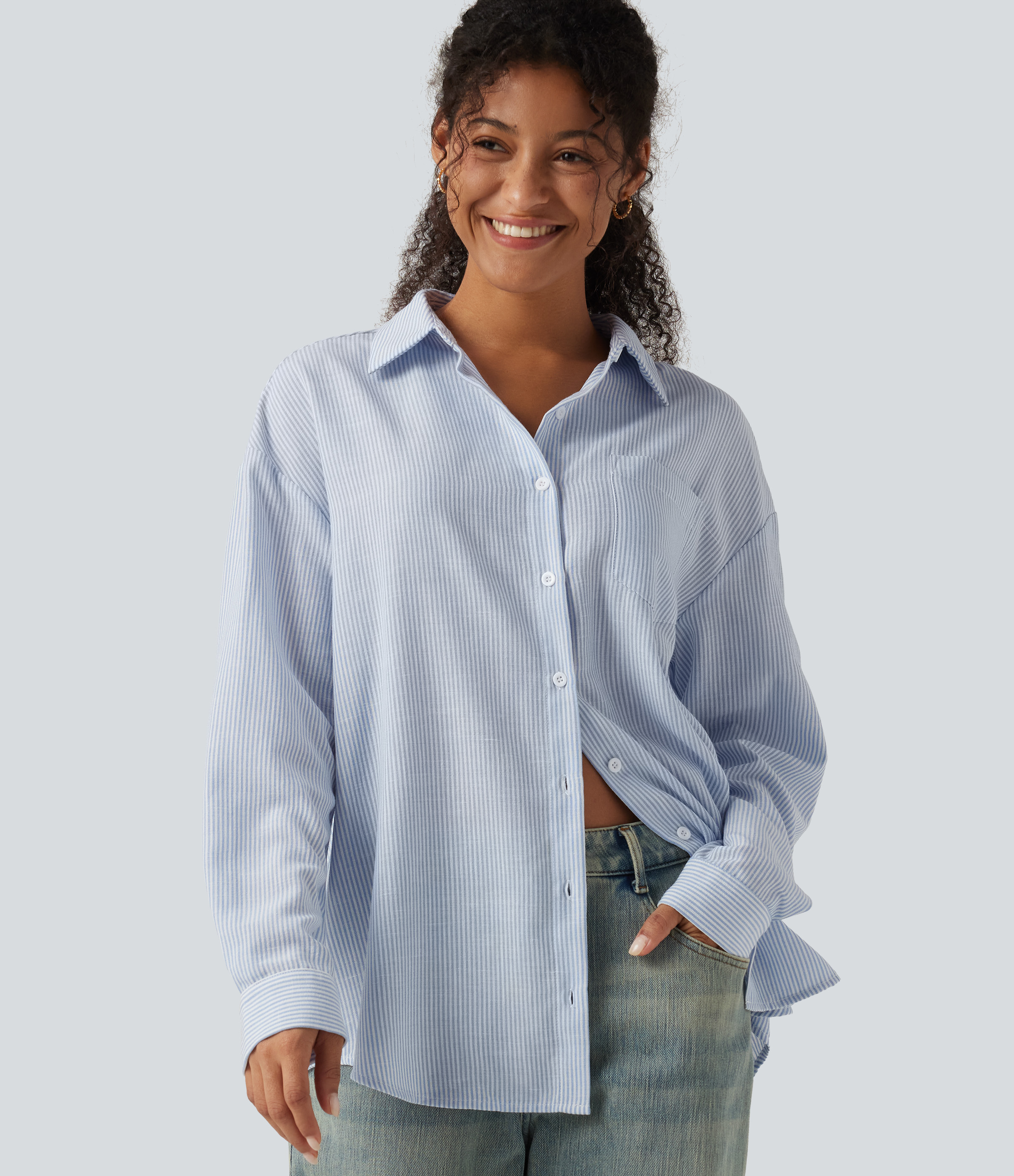 Long Sleeve Curved Hem Stripe Work Linen-Feel Shirt with Pocket