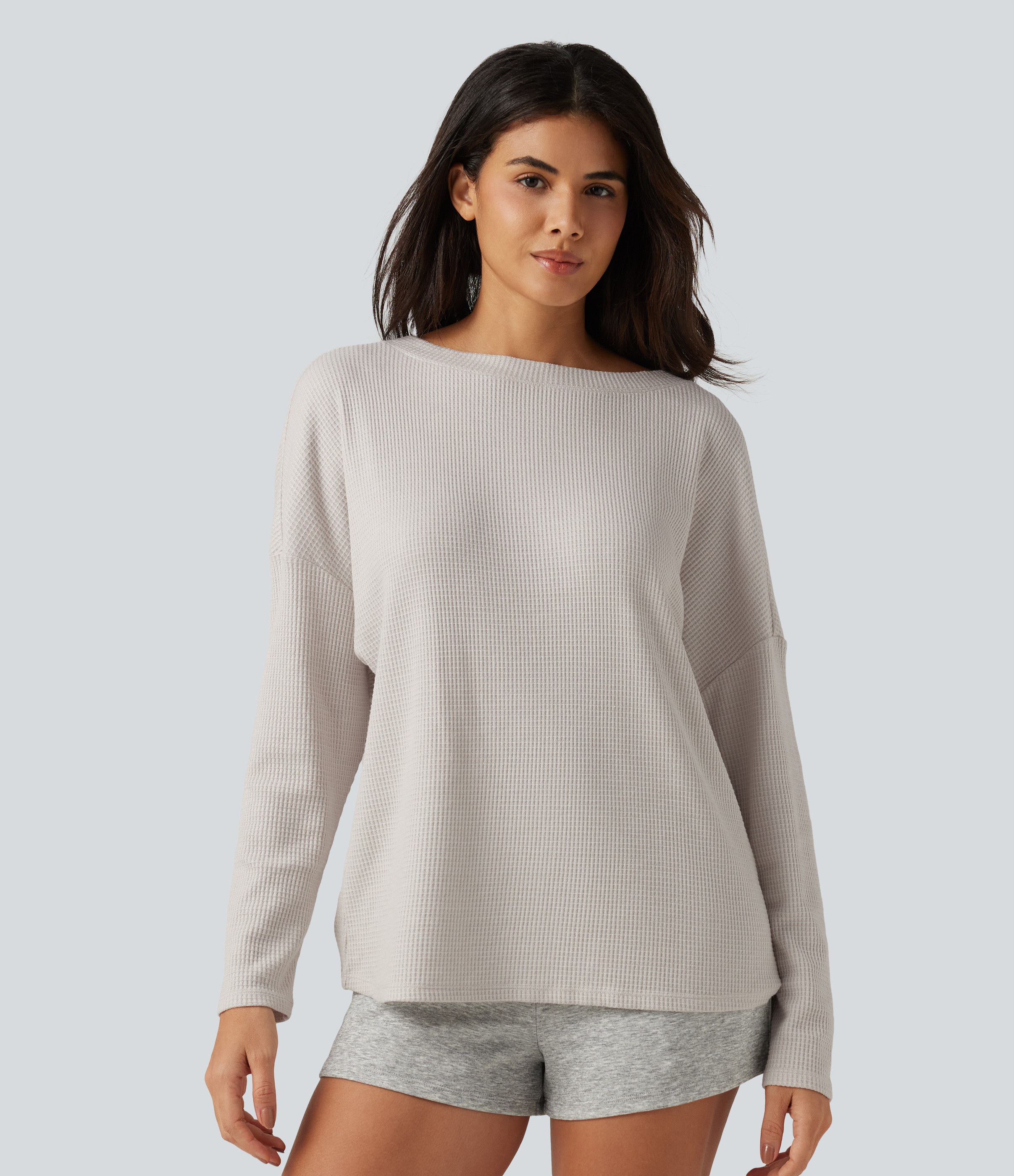 Wind Chime Boat Neck Batwing Long Sleeve Ruched Waffle Lounging Top / 2
