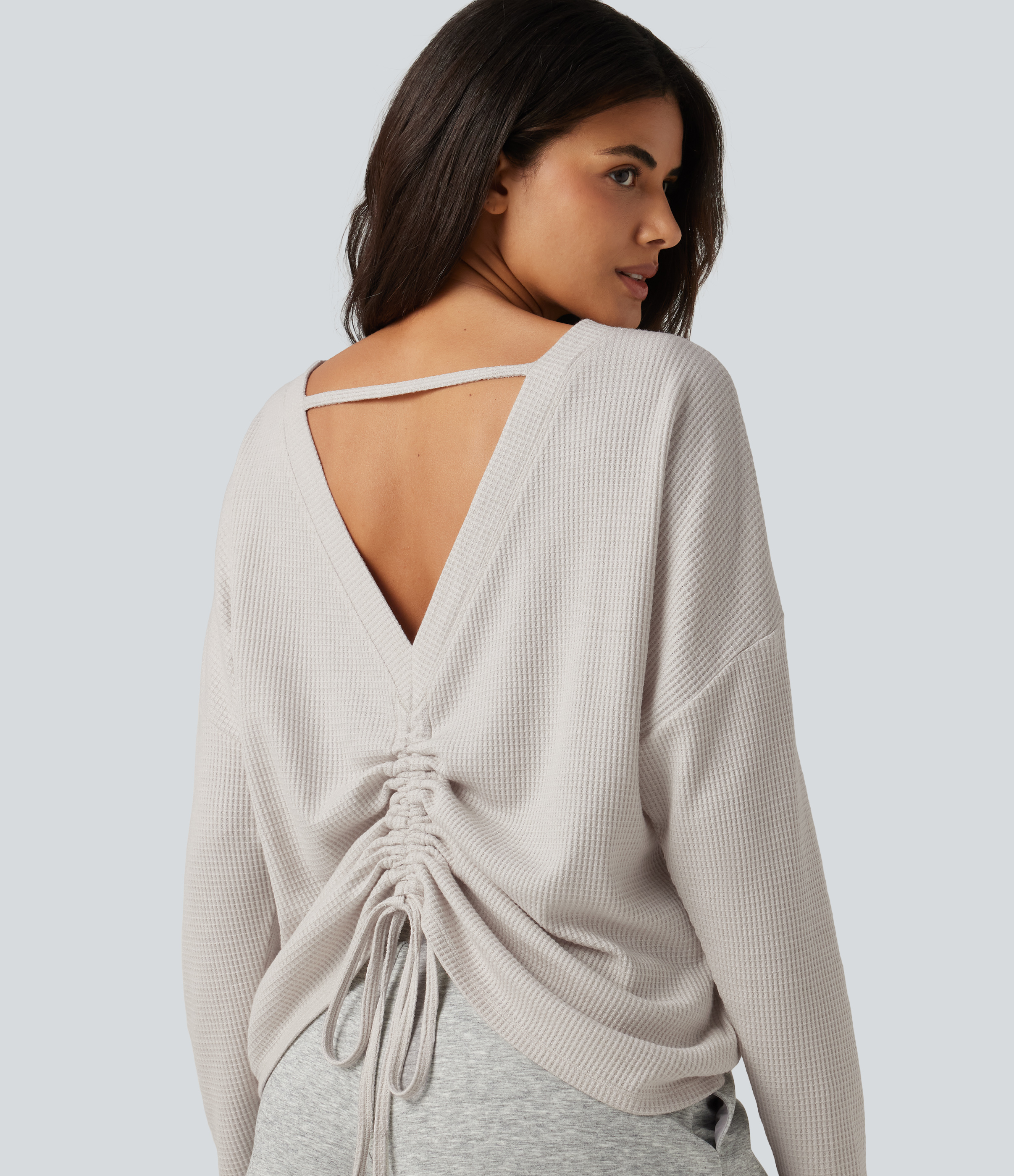 Boat Neck Batwing Long Sleeve Ruched Waffle Lounging Top
