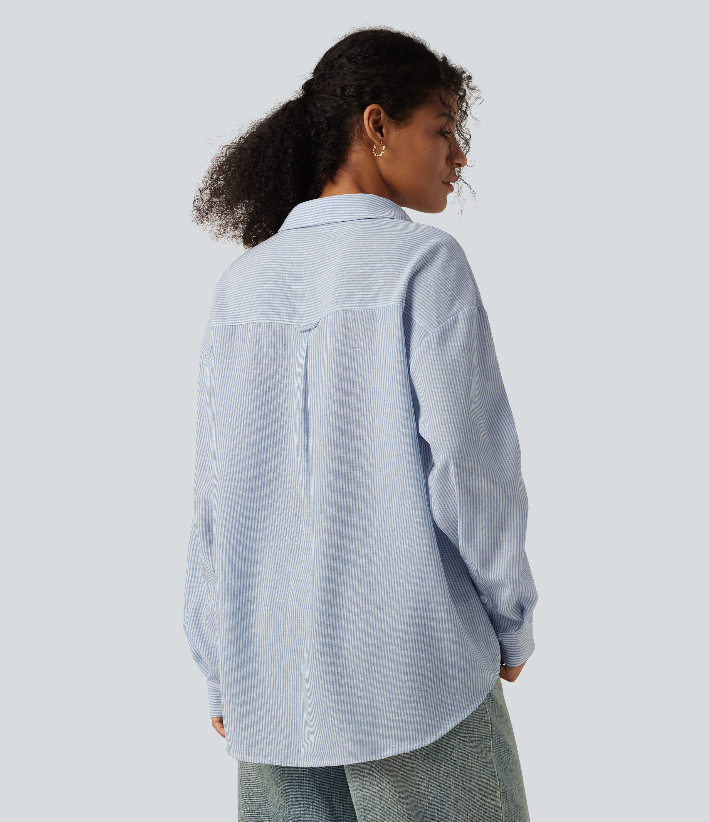 Seven Seas - Nautical Blue & White Stripes Long Sleeve Curved Hem Stripe Work Linen-Feel Shirt with Pocket / 2