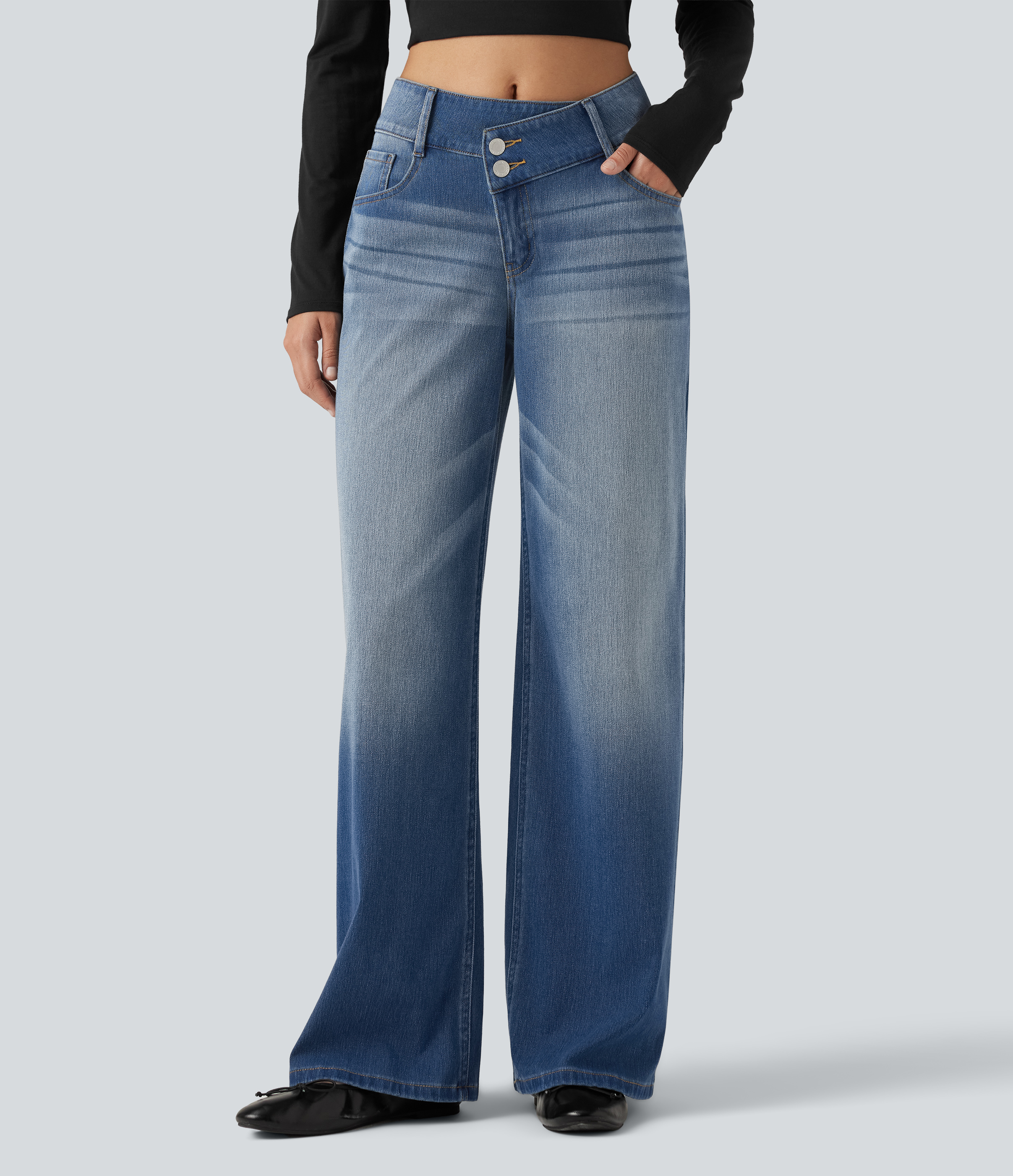 Halara Flex™ Mid Rise Asymmetric Wide Leg Casual Jeans with Pockets