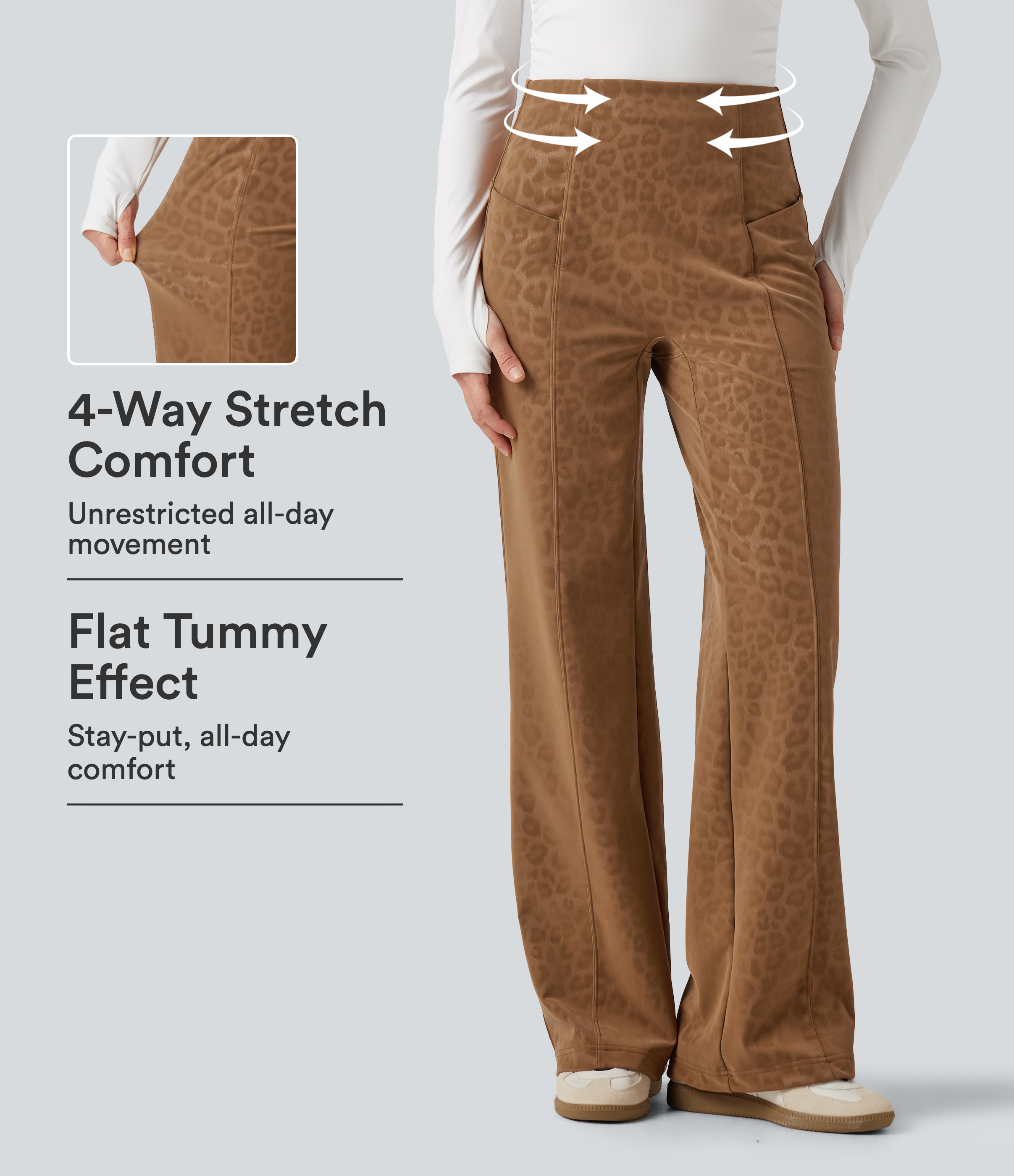 High Waisted Tummy Control Stretchy PU Leopard Print Fleece Casual Flare Pants with Pockets