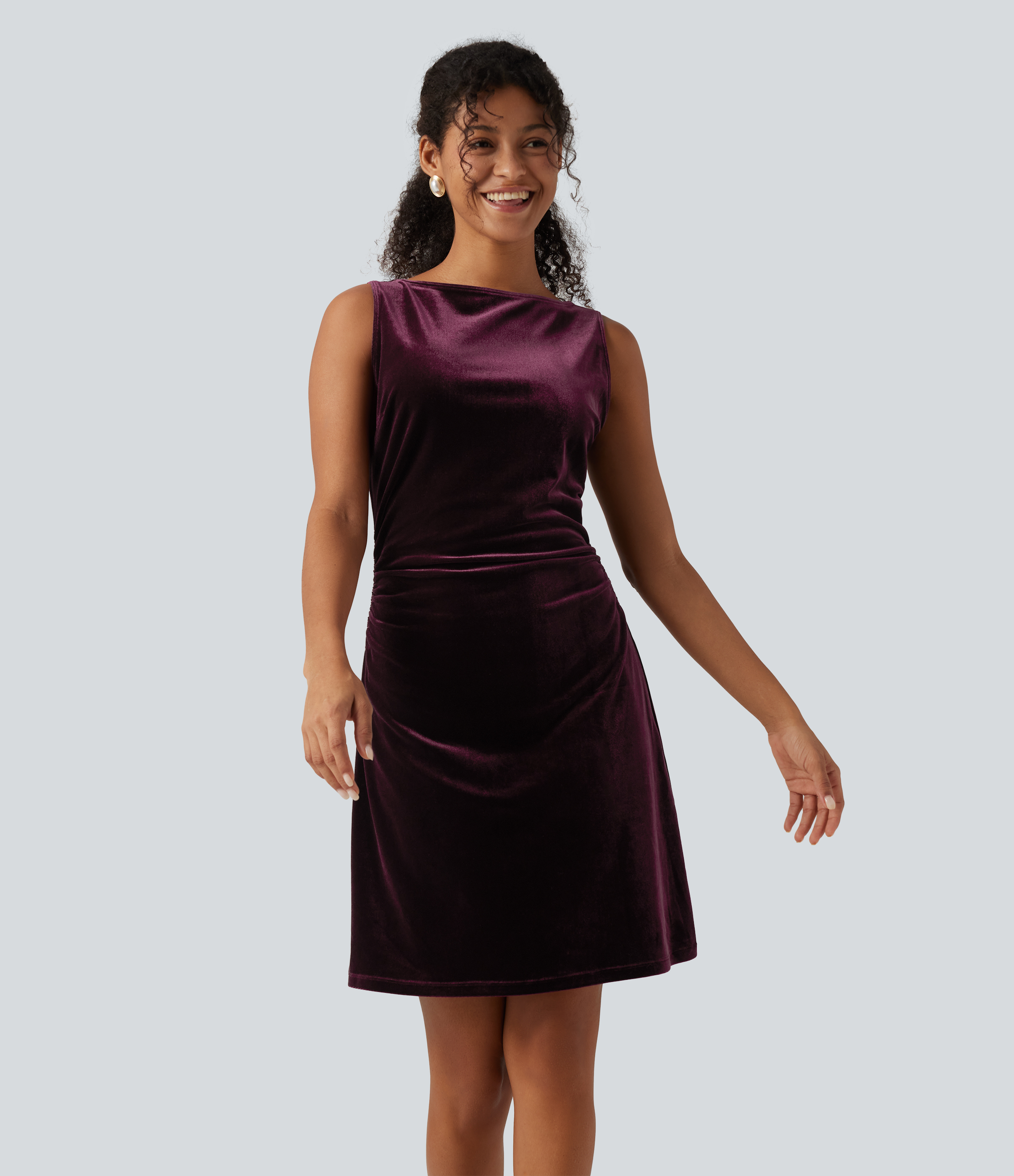 Boat Neck Sleeveless Ruched Velvet Mini Party Dress