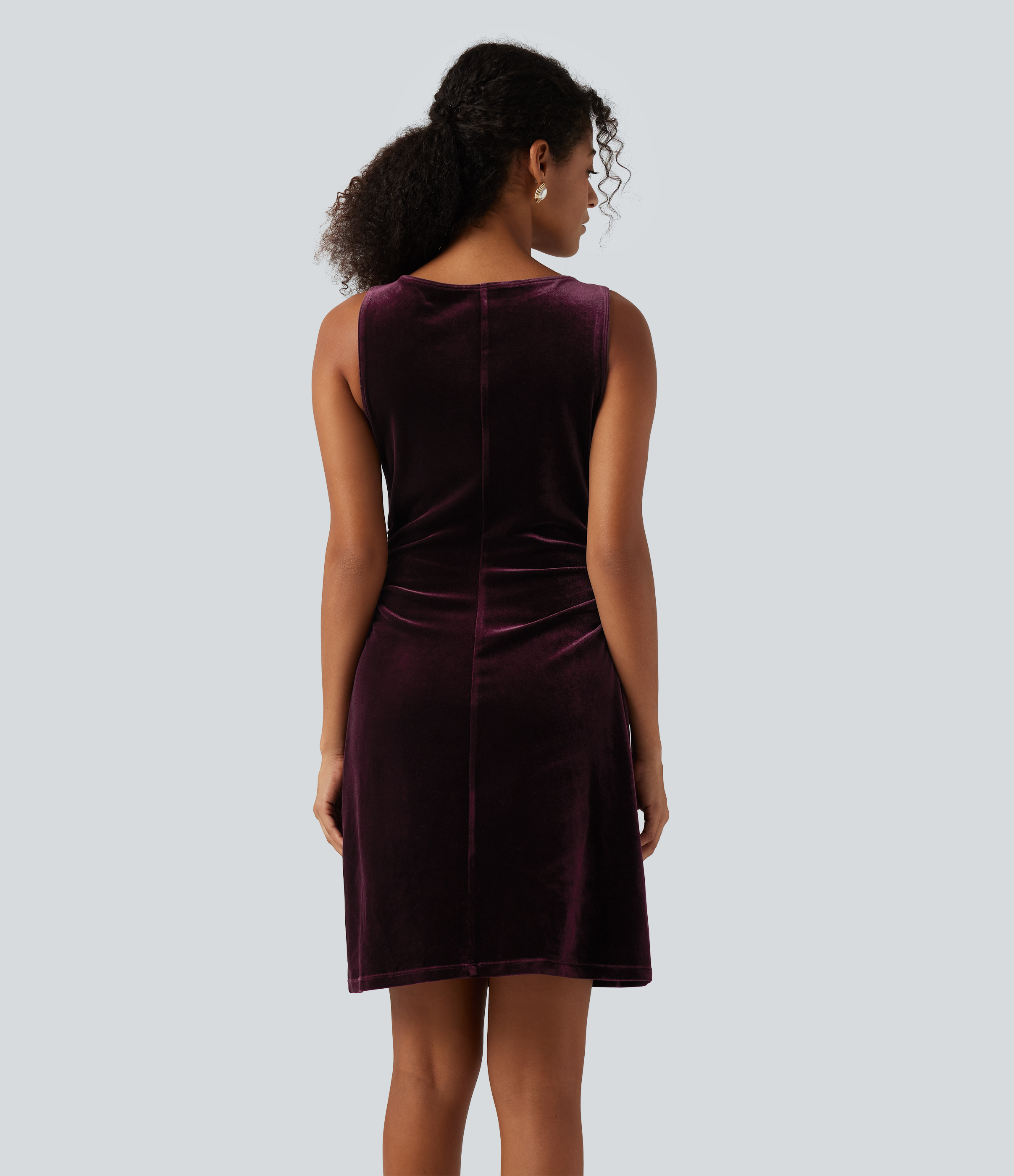 Dusky purple Boat Neck Sleeveless Ruched Velvet Mini Party Dress / 2