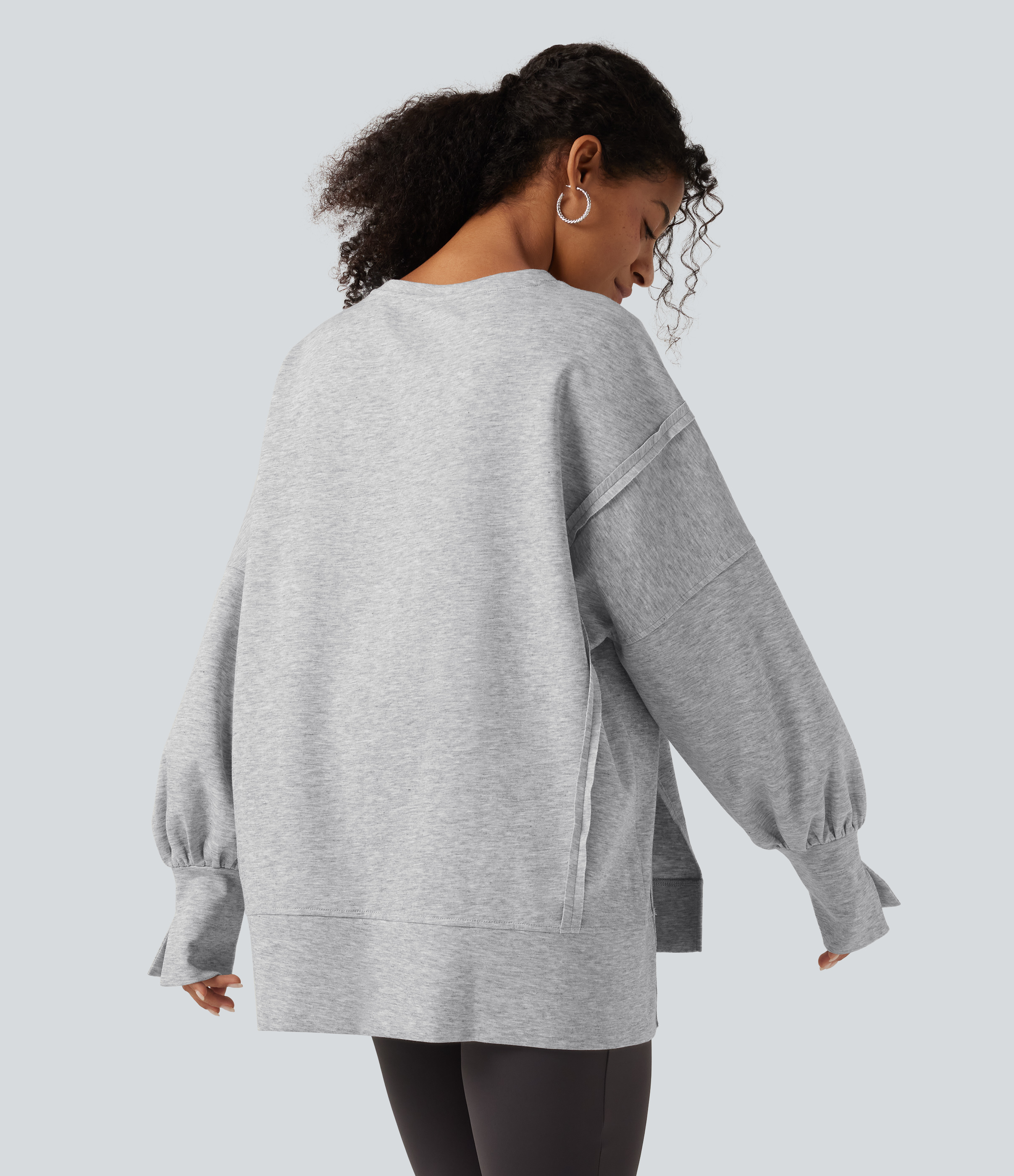 Hemp Gray Mix Round Neck Dropped Long Sleeve Slit Hem Casual Sweatshirt / 2