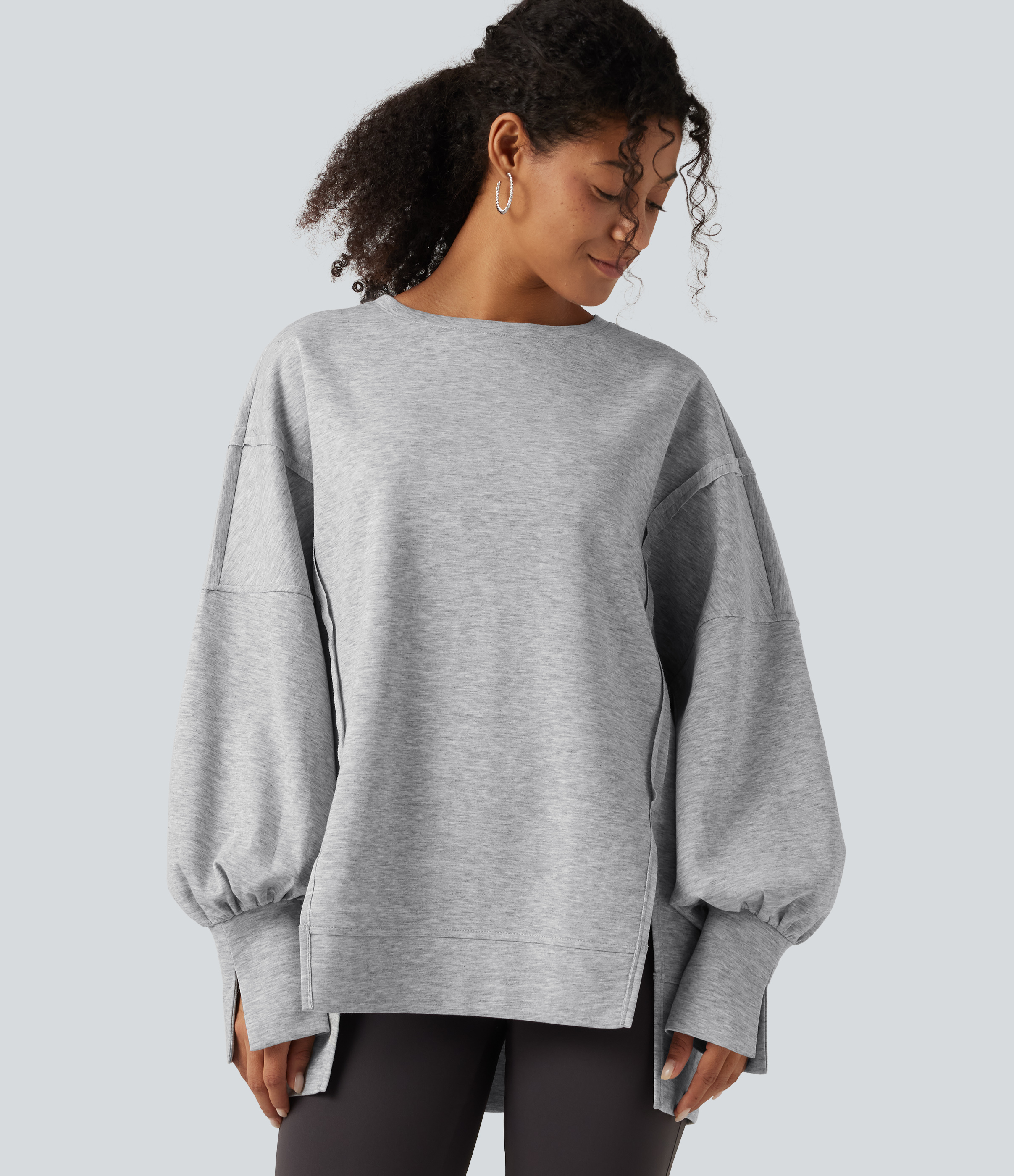Round Neck Dropped Long Sleeve Slit Hem Casual Sweatshirt