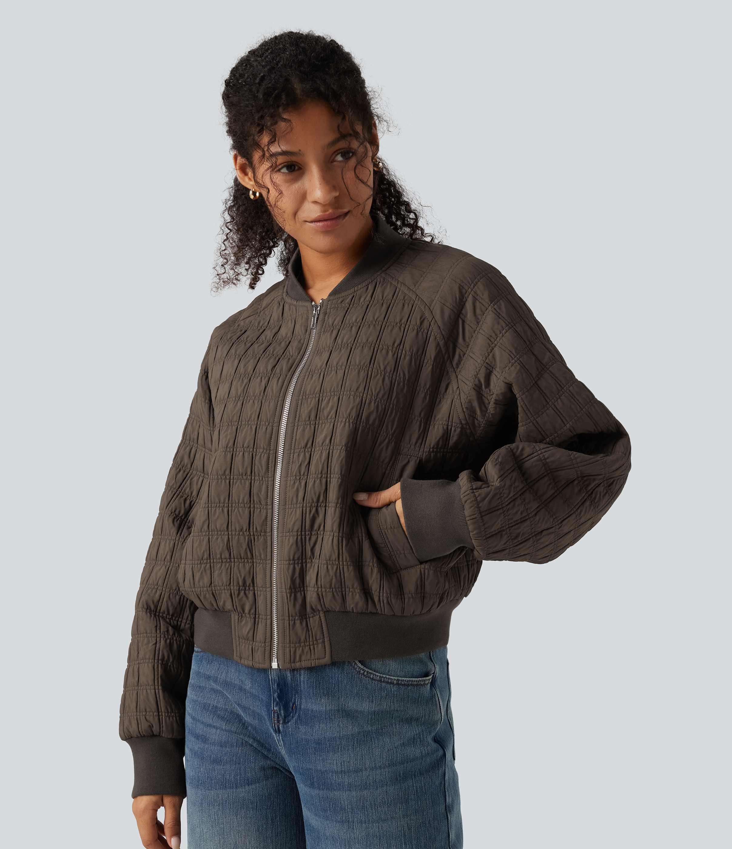 Stand Collar Long Sleeve Casual Bomber Jacket with Pockets