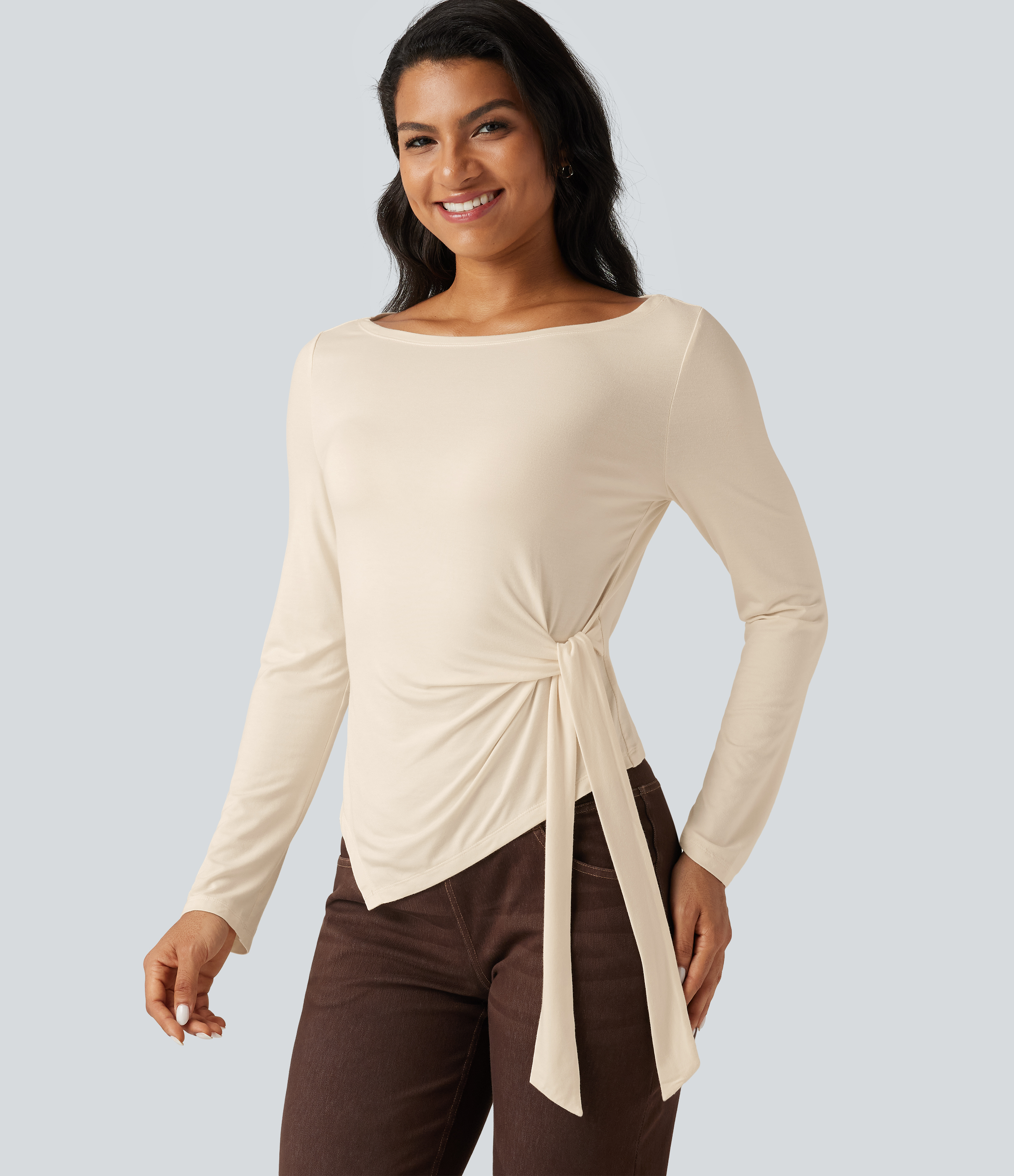 Boat Neck Long Sleeve Tie Side Asymmetric Hem Casual T-Shirt